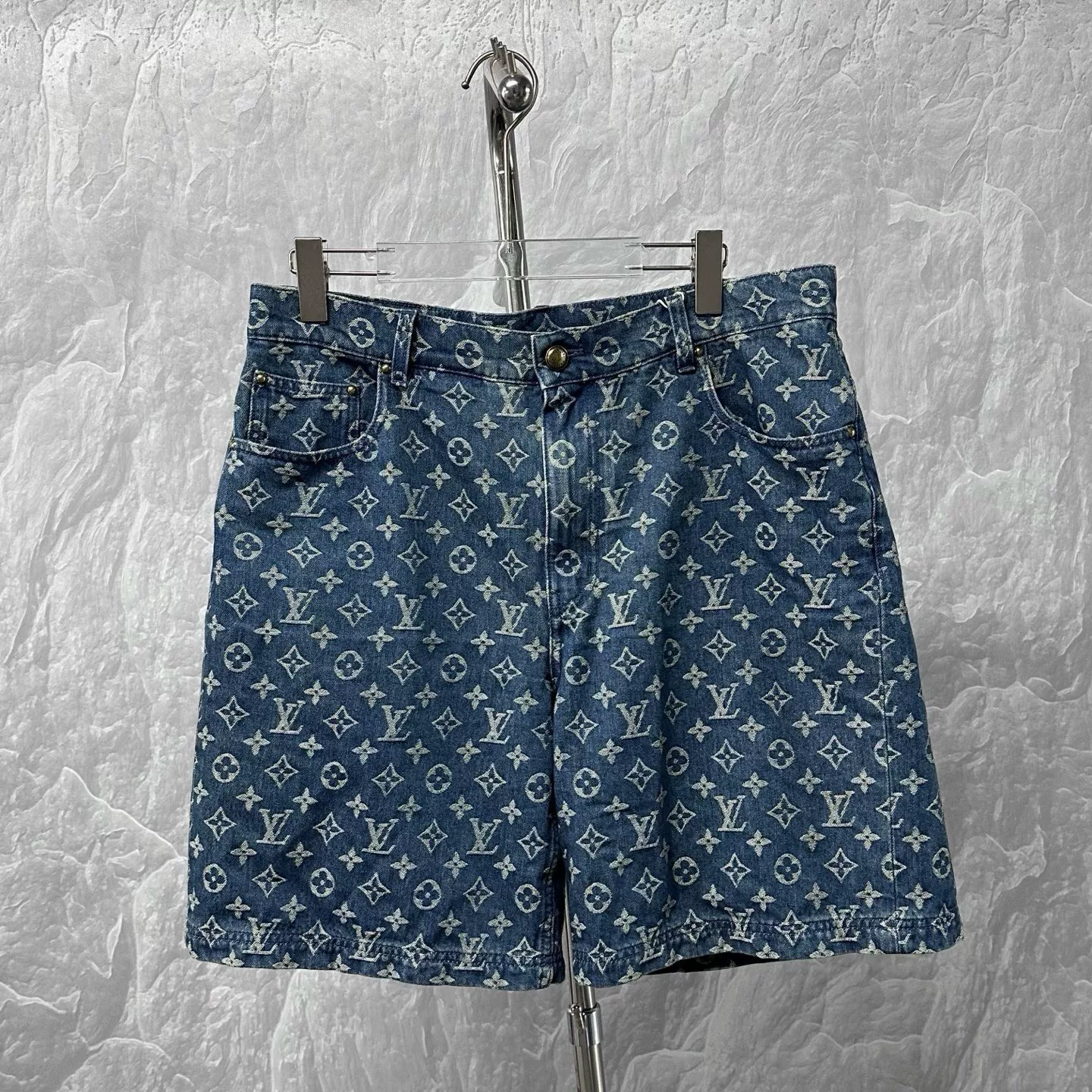 Louis Vuitton SS26 Logo All-Over Denim Shorts — front