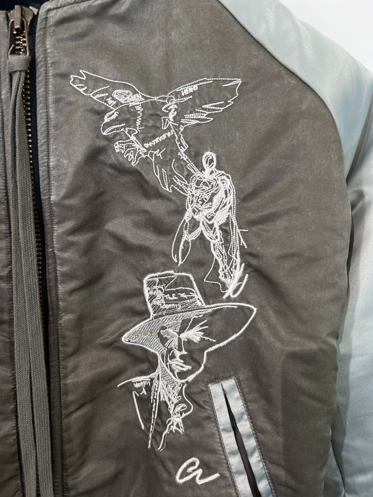 Greg Lauren Heavy Embroidery Baseball Jacket — label