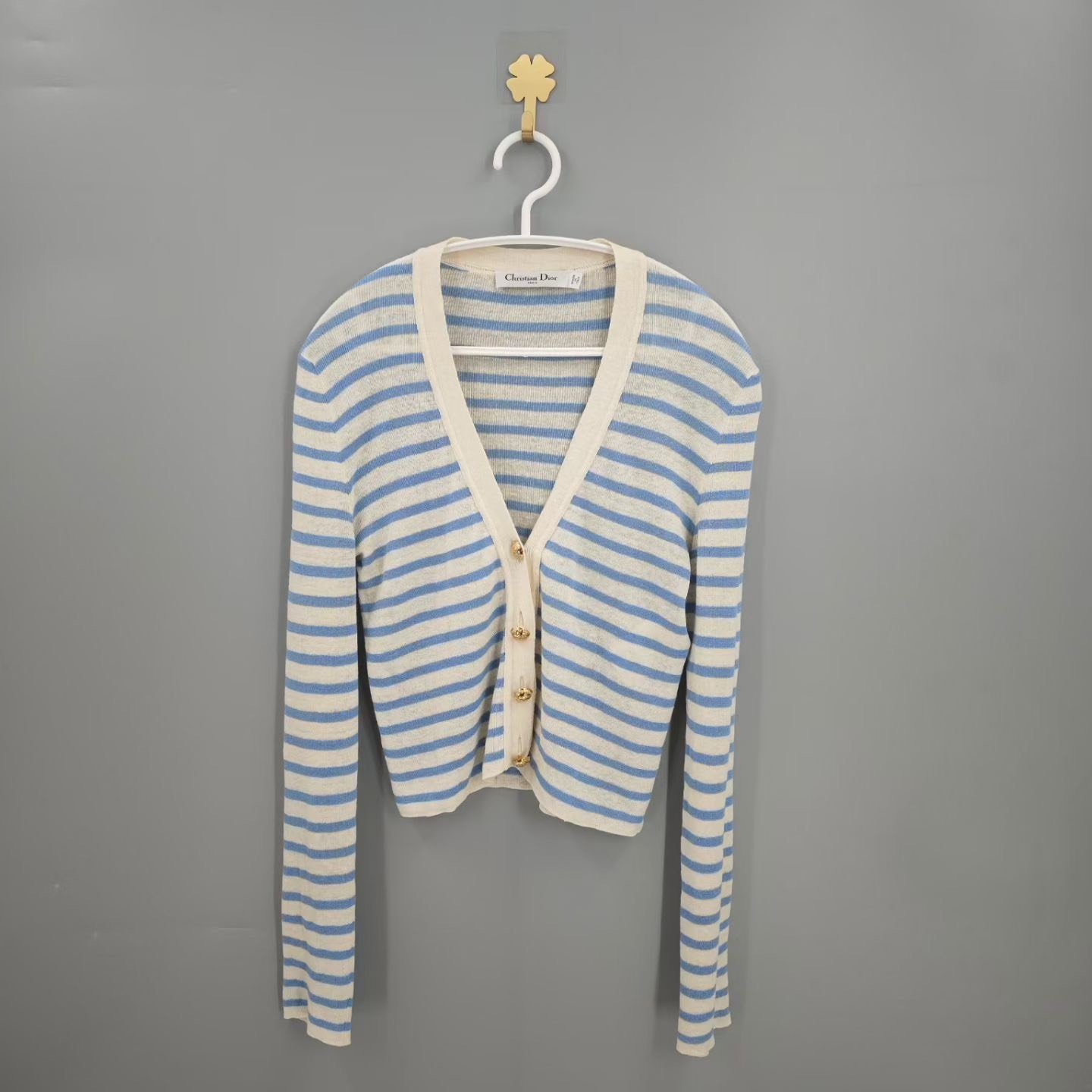 Dior Blue White Striped Gold Button Cardigan