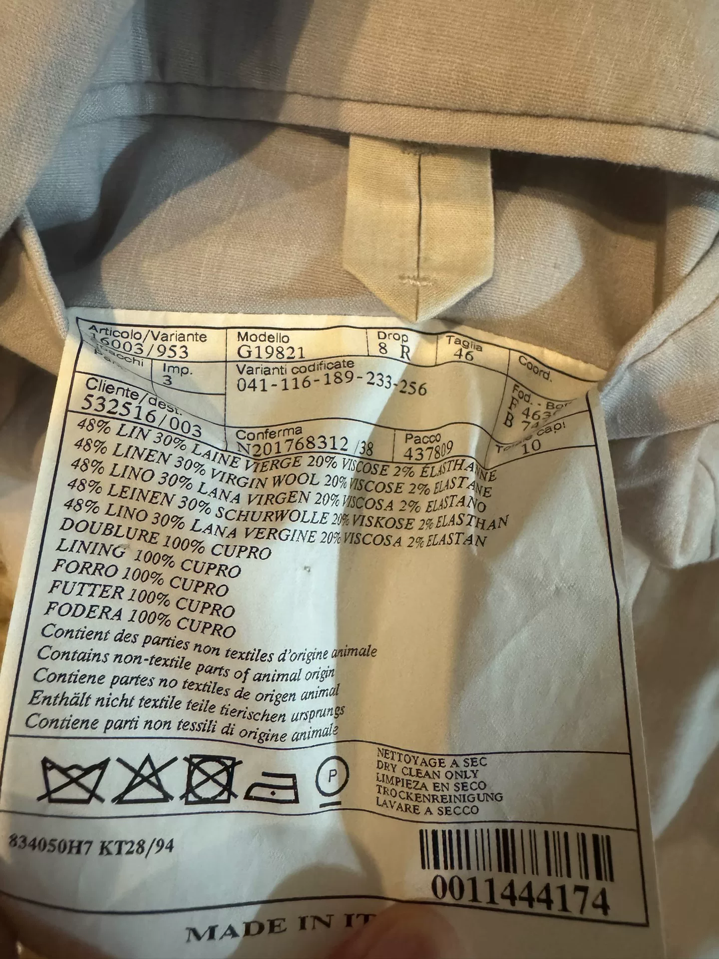 Hermes Men's 46 Blazer — label