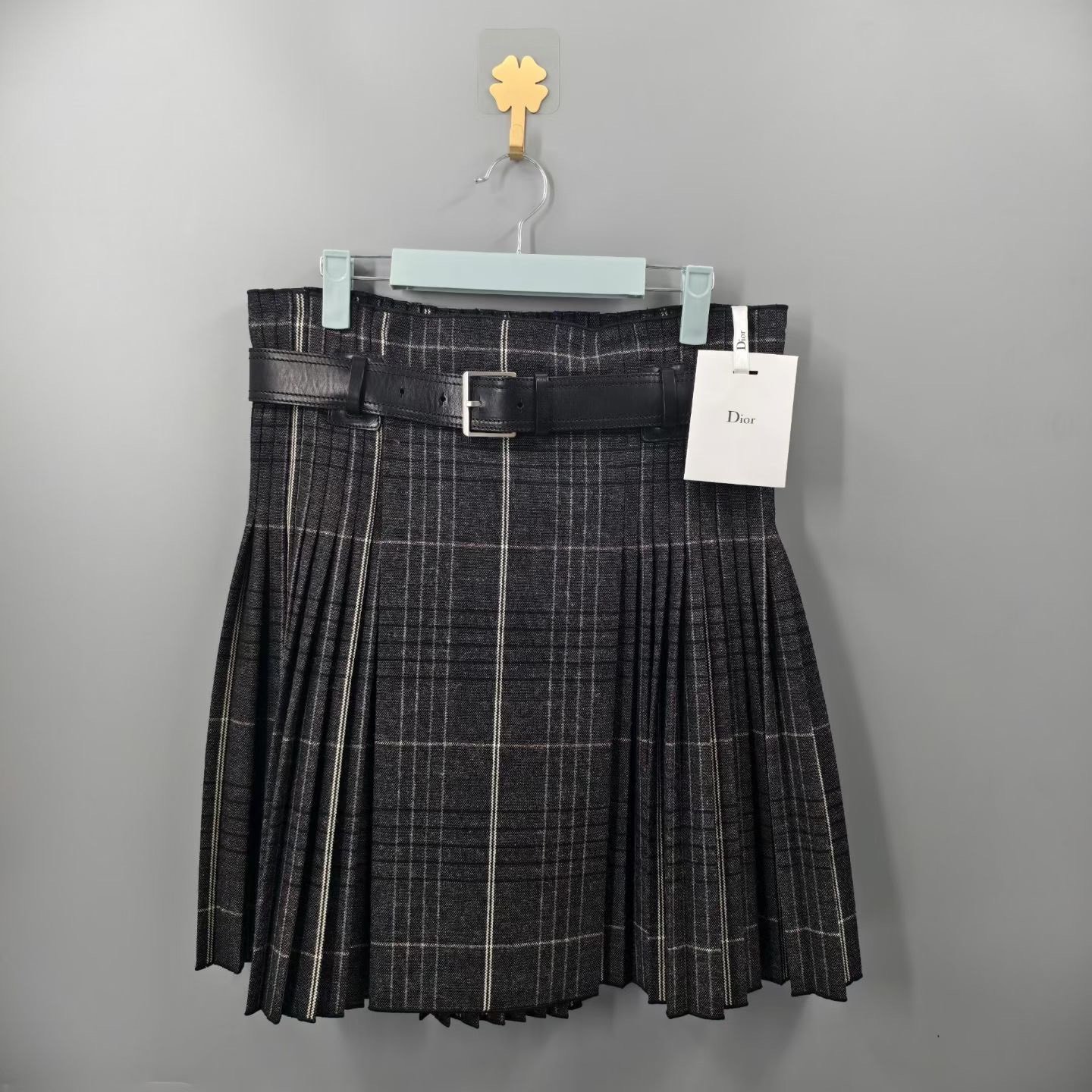 Dior Black Wool Plaid Pleated Mini Skirt