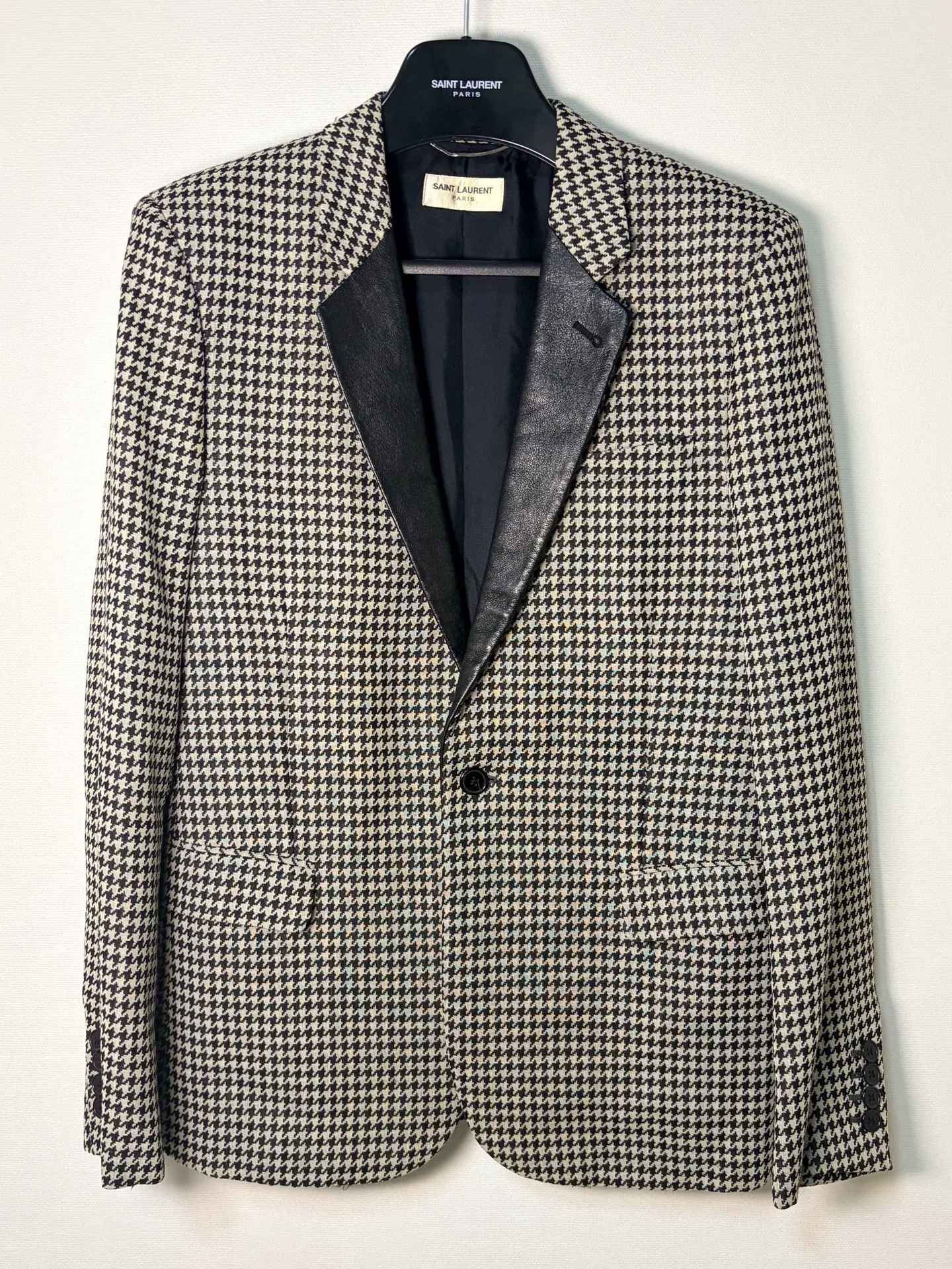 Saint Laurent Houndstooth Leather Collar Smoking Blazer