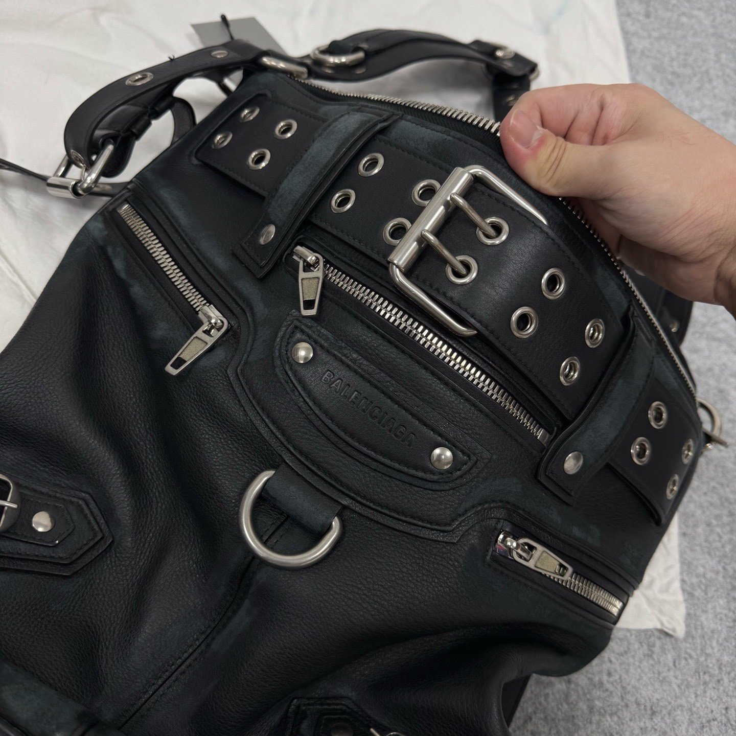 Balenciaga EMO Bucket Bag Deconstructed Distressed — label