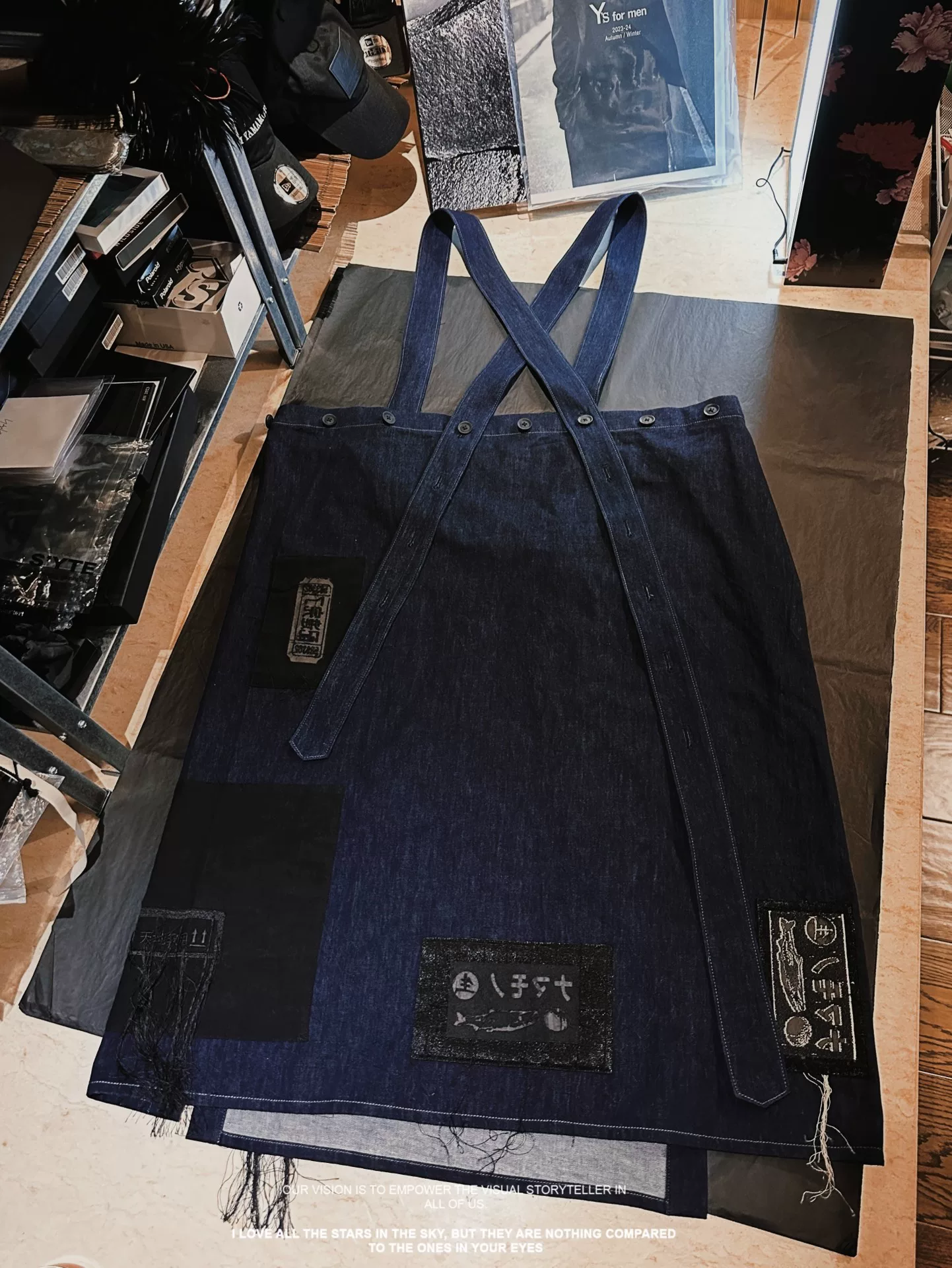 Yohji Yamamoto 21SS Denim Suspender Skirt Patches Fringe — detail
