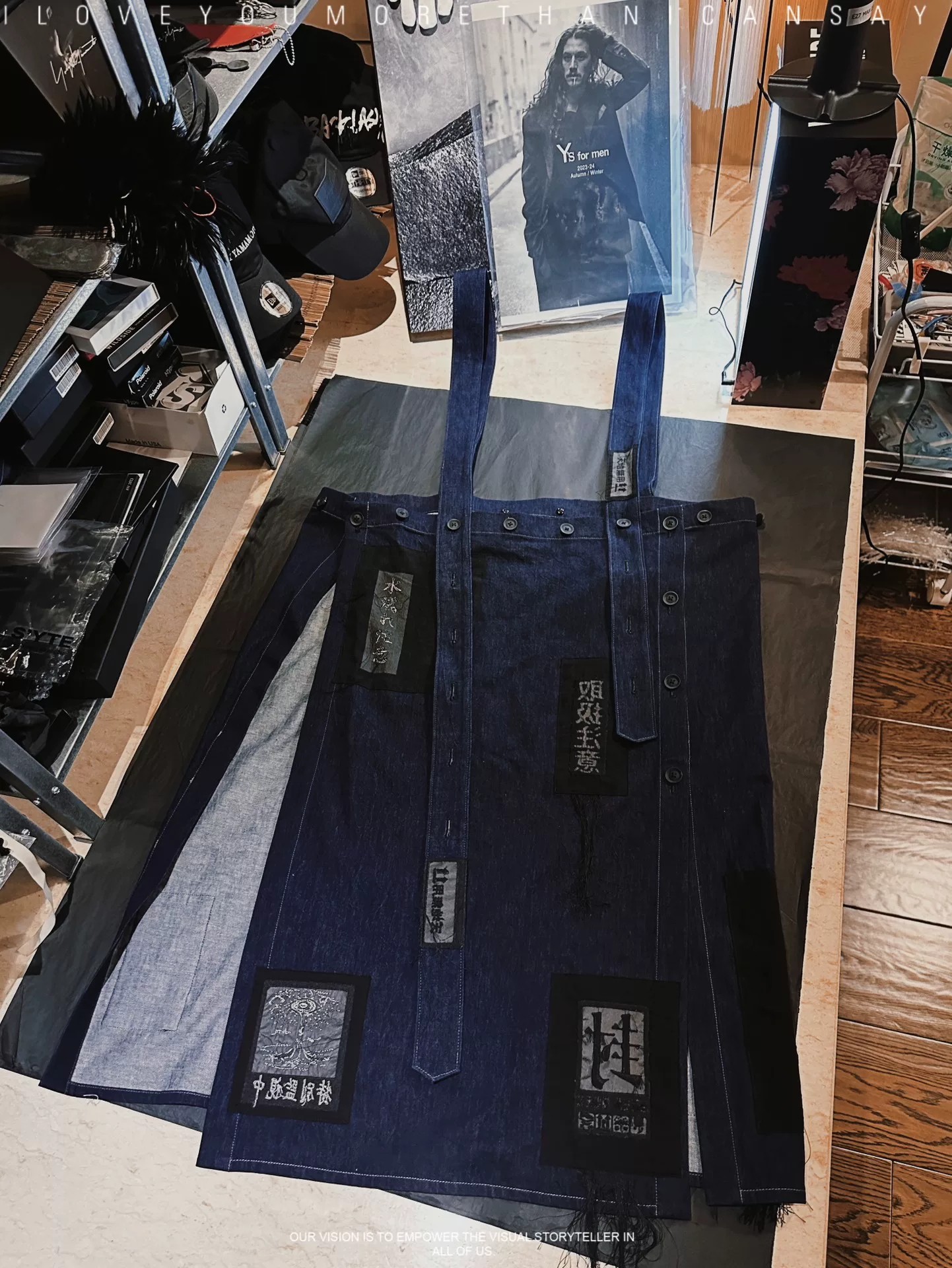 Yohji Yamamoto 21SS Denim Suspender Skirt Patches Fringe — front