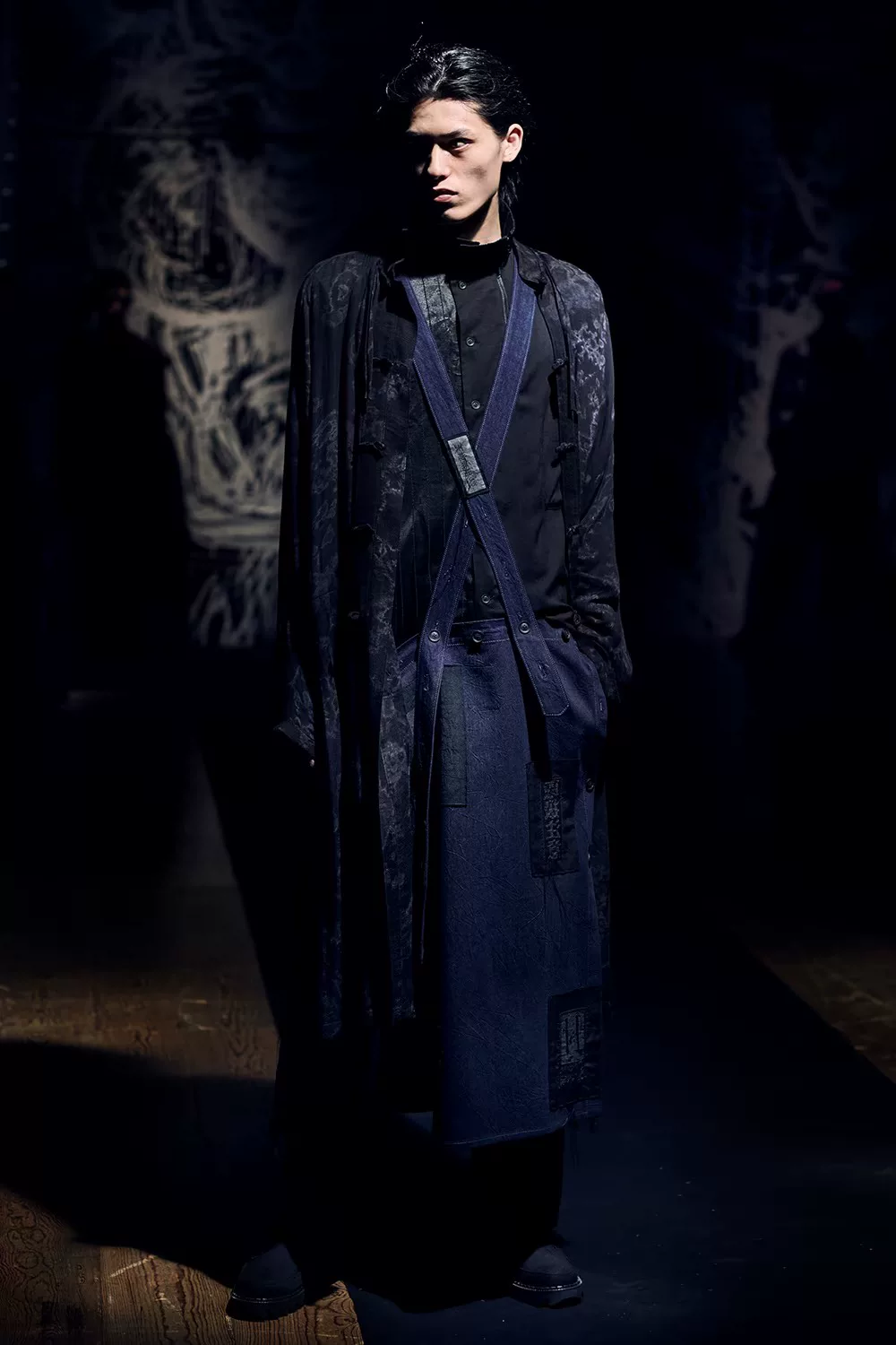 Yohji Yamamoto 21SS Denim Suspender Skirt Patches Fringe — back