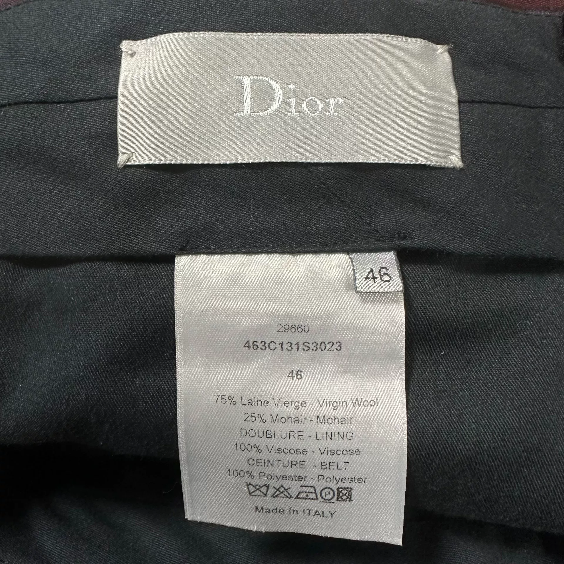 Dior Wine Red Satin Waist Straight-Leg Pants — label