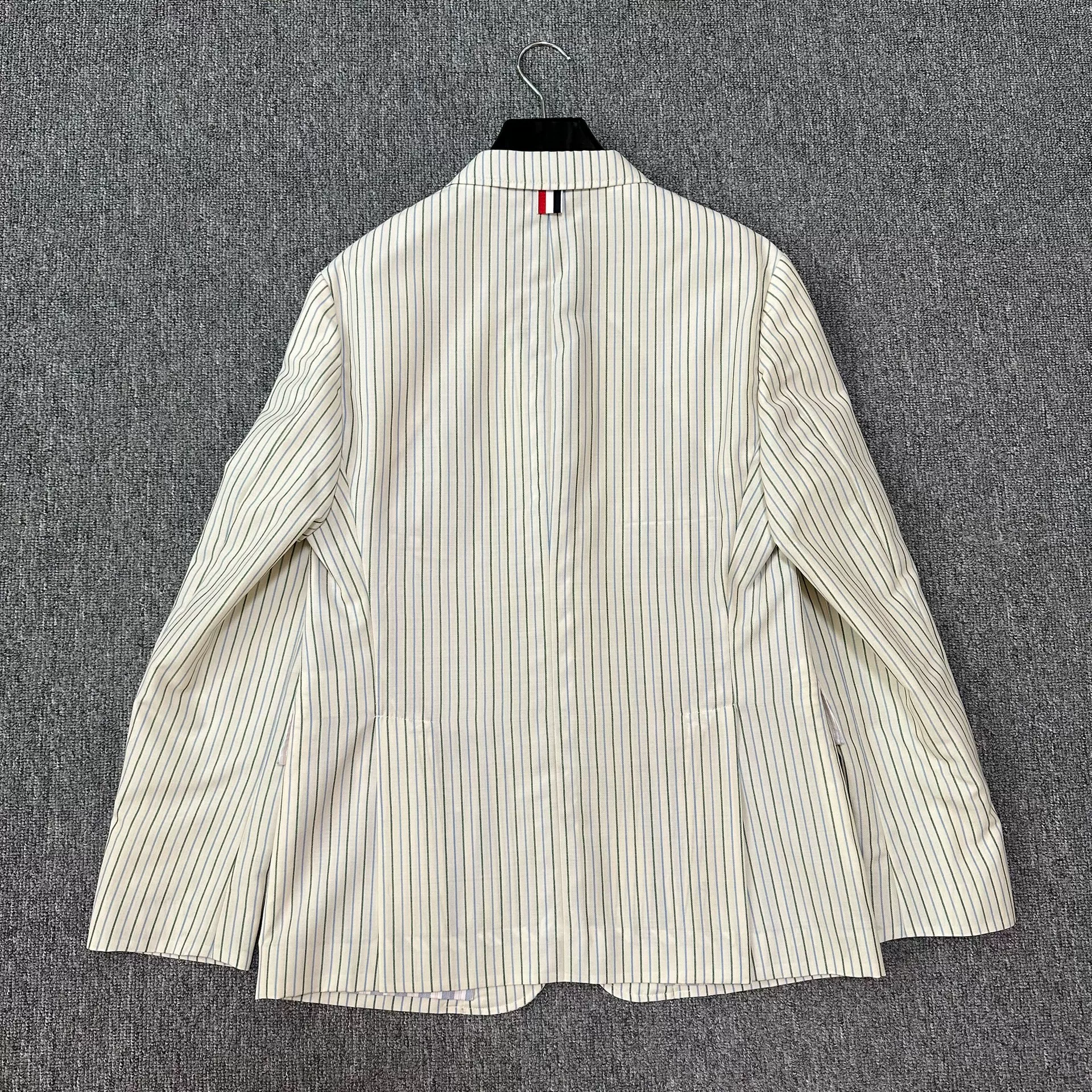 Thom Browne White Vertical Striped Blazer — label