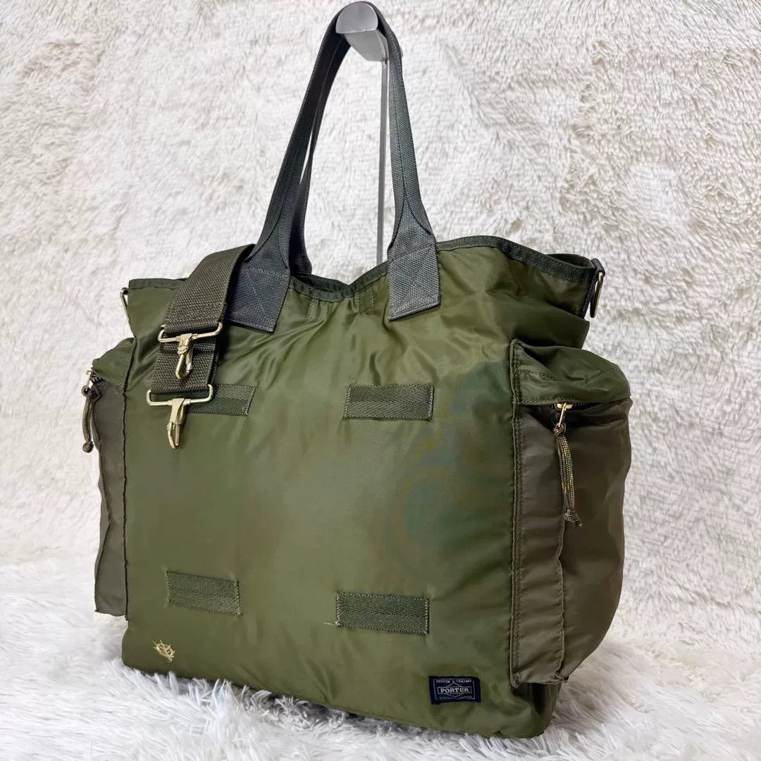 PORTER FORCE Olive Green 2-Way Tote — label