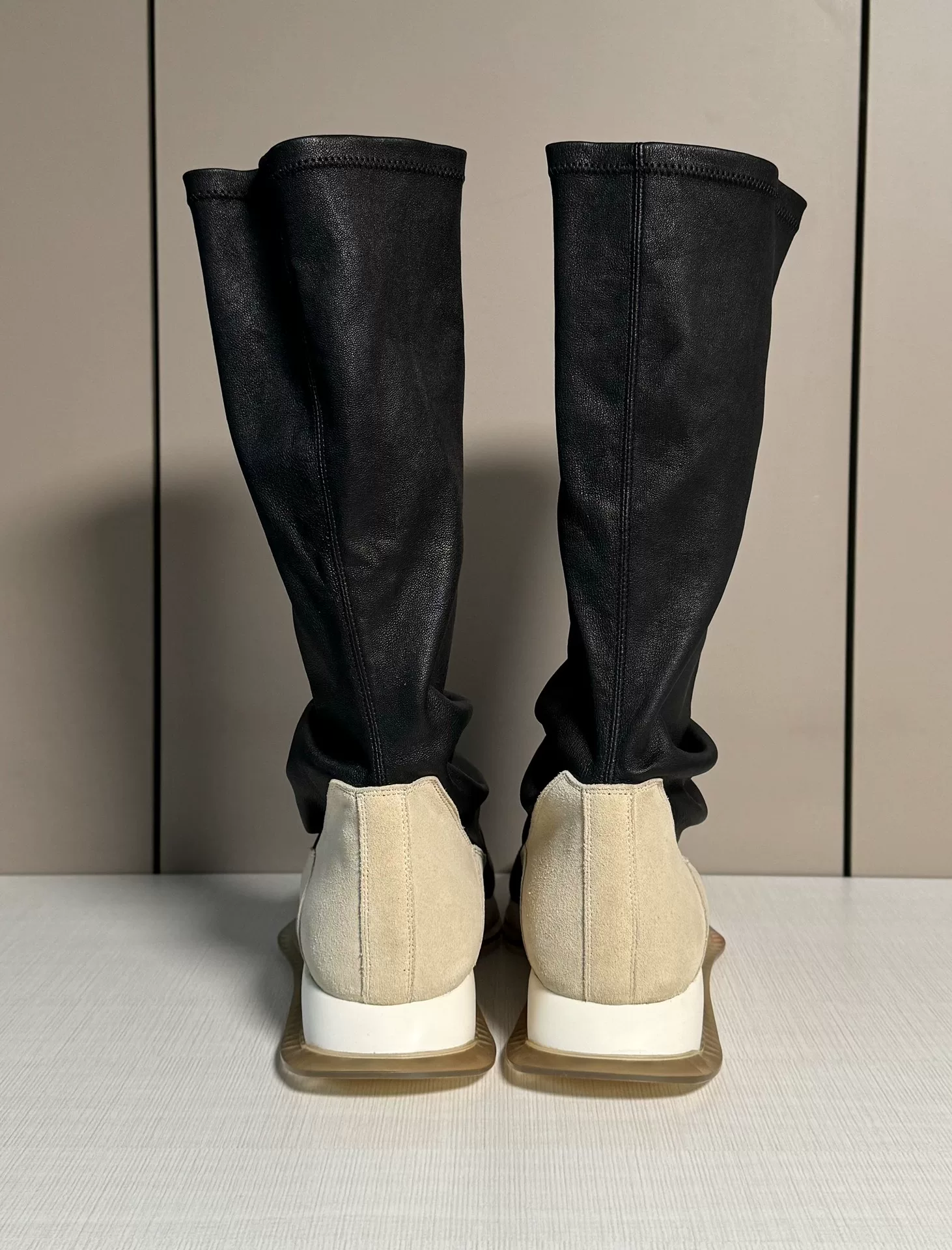 Rick Owens Oblique Runner Stretch Sock Tank Boots — label
