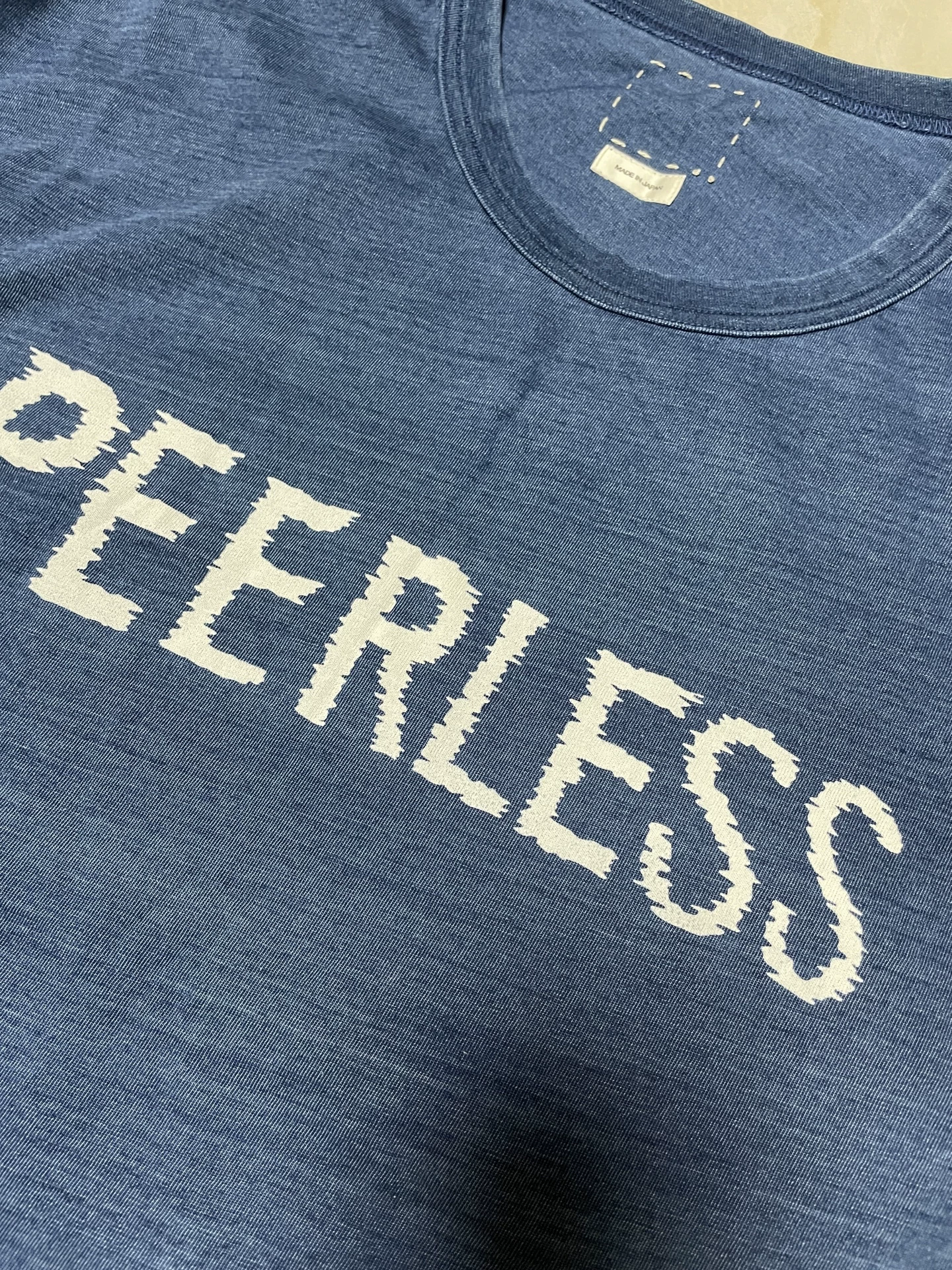 visvim Jumbo Tee Blue PEERLESS Print — front