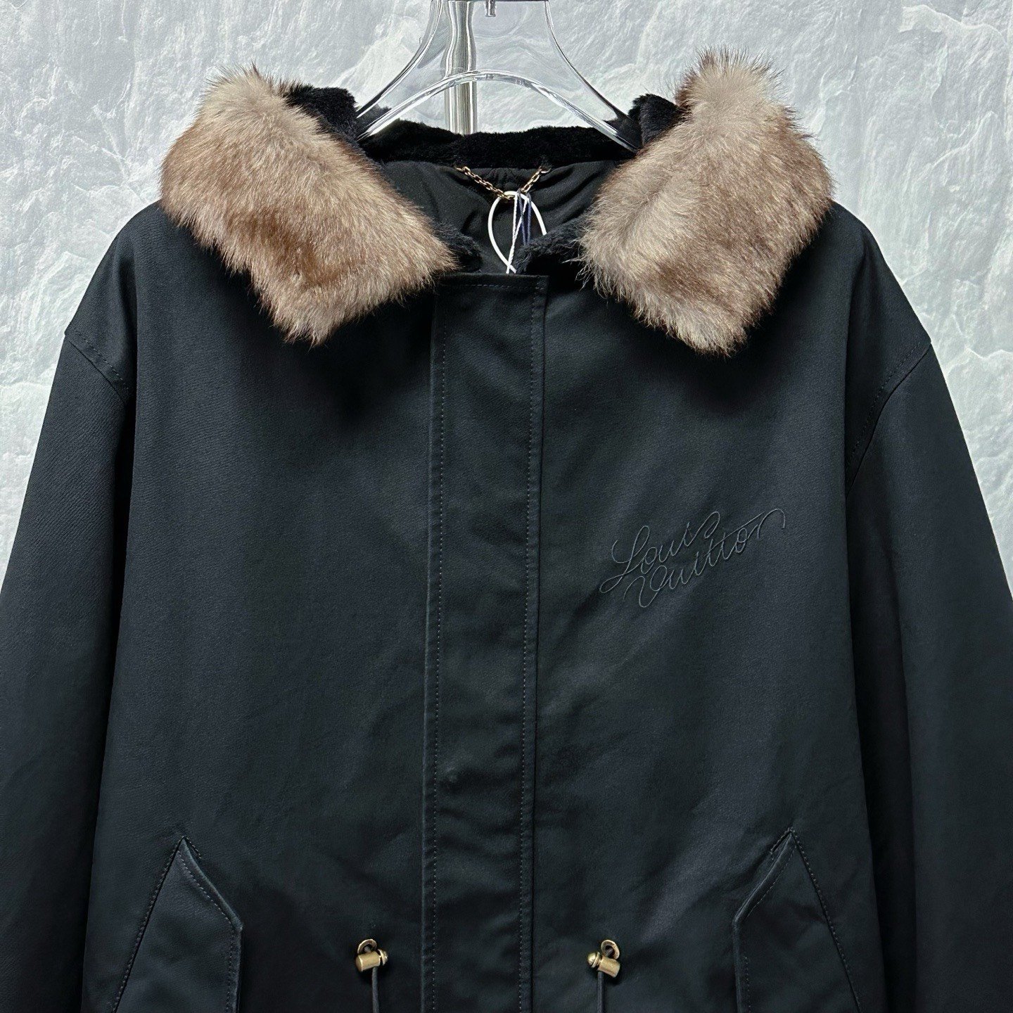 Louis Vuitton SS25 Embroidered Fur Collar Coat — front