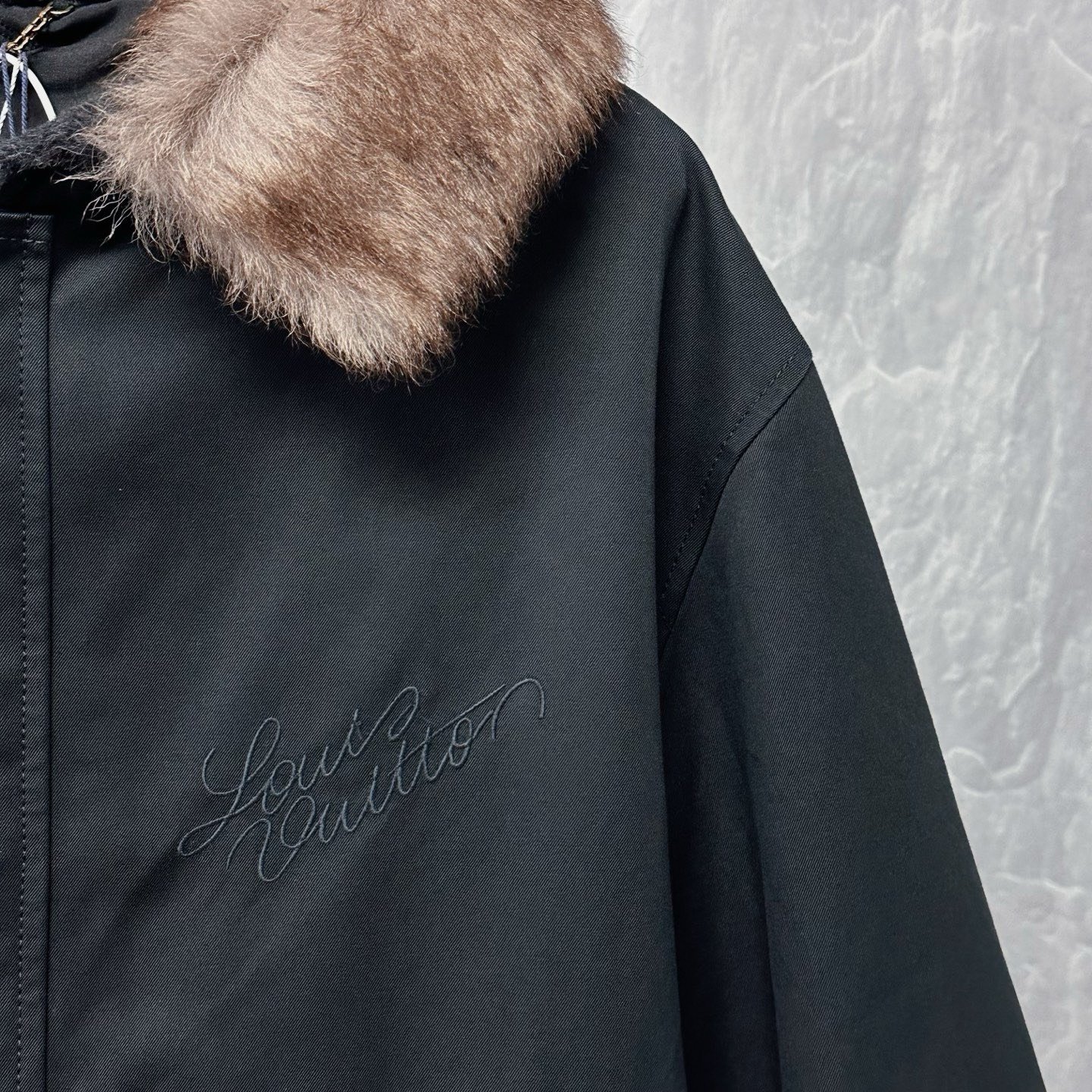 Louis Vuitton SS25 Embroidered Fur Collar Coat — detail