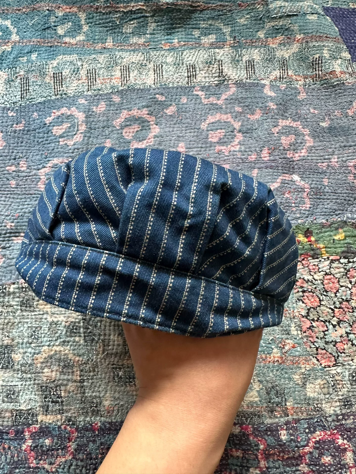 RRL Wabash Blue Striped Newsboy Cap — detail