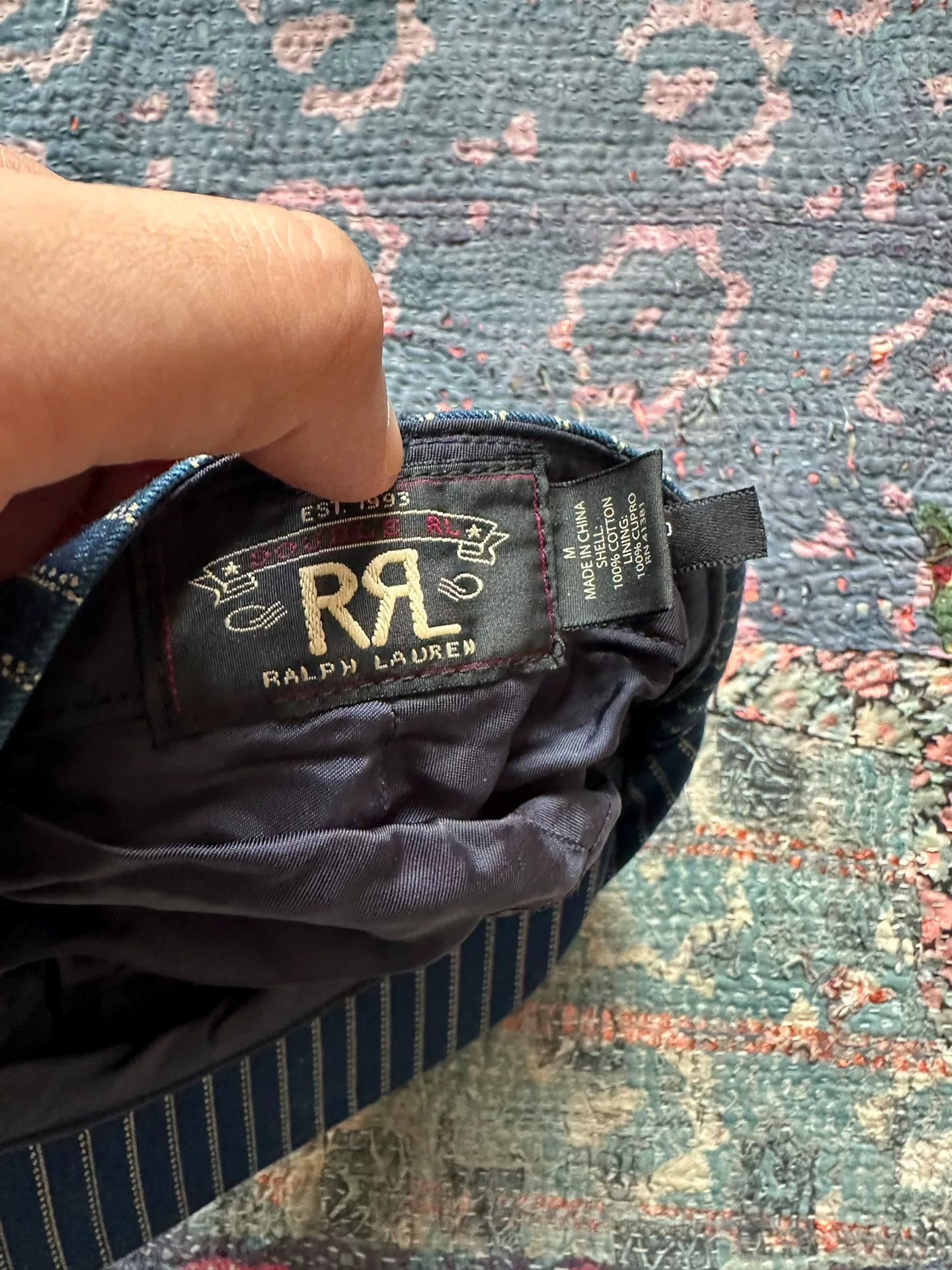 RRL Wabash Blue Striped Newsboy Cap — label