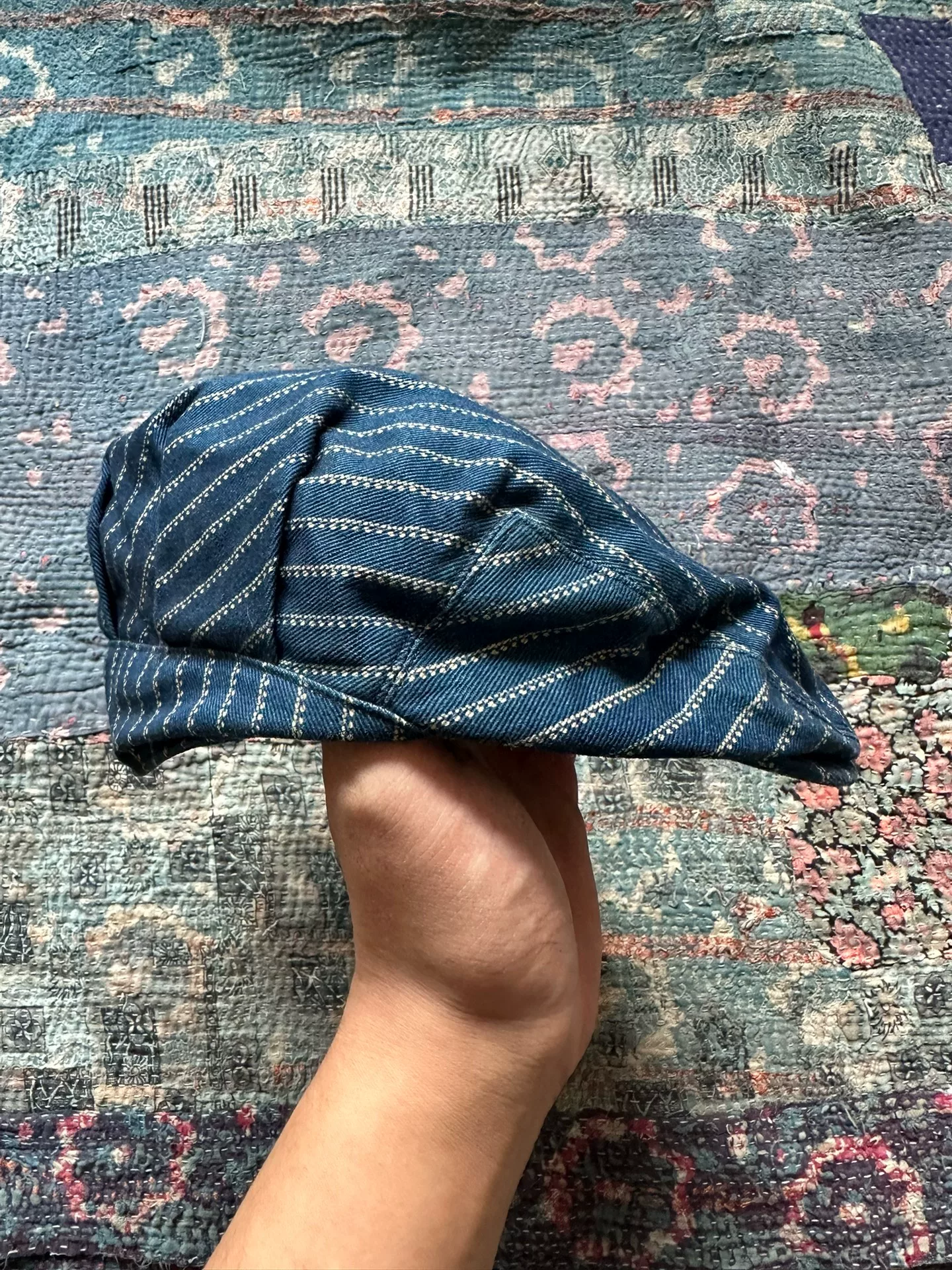 RRL Wabash Blue Striped Newsboy Cap — front