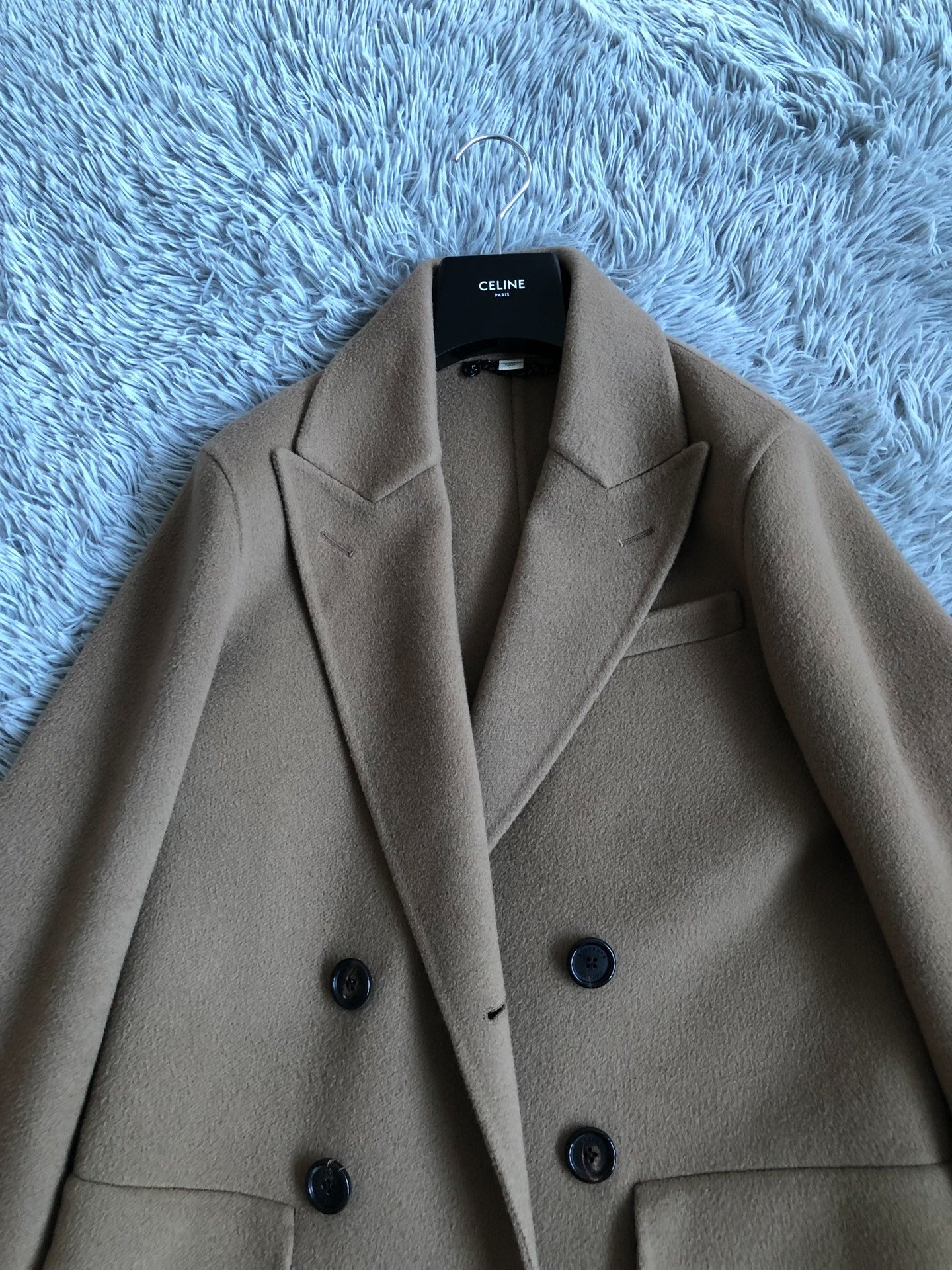 Burberry Camel Peak Lapel Coat — detail
