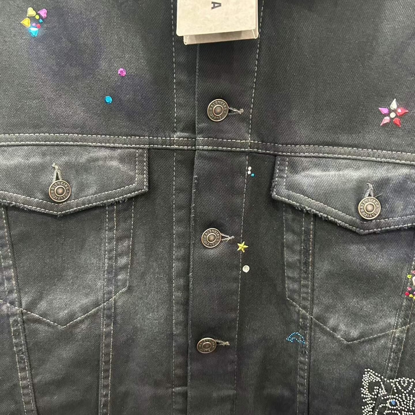 Balenciaga Rhinestone Cat Dog Distressed Denim Jacket — detail
