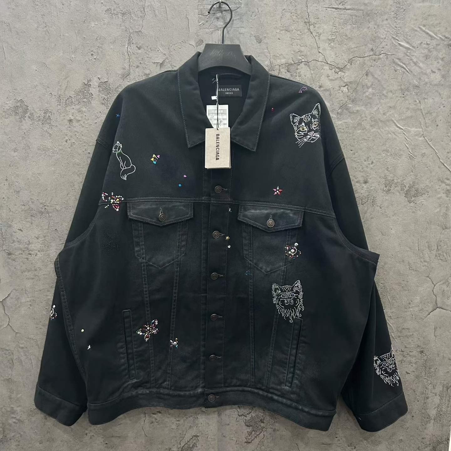 Balenciaga Rhinestone Cat Dog Distressed Denim Jacket
