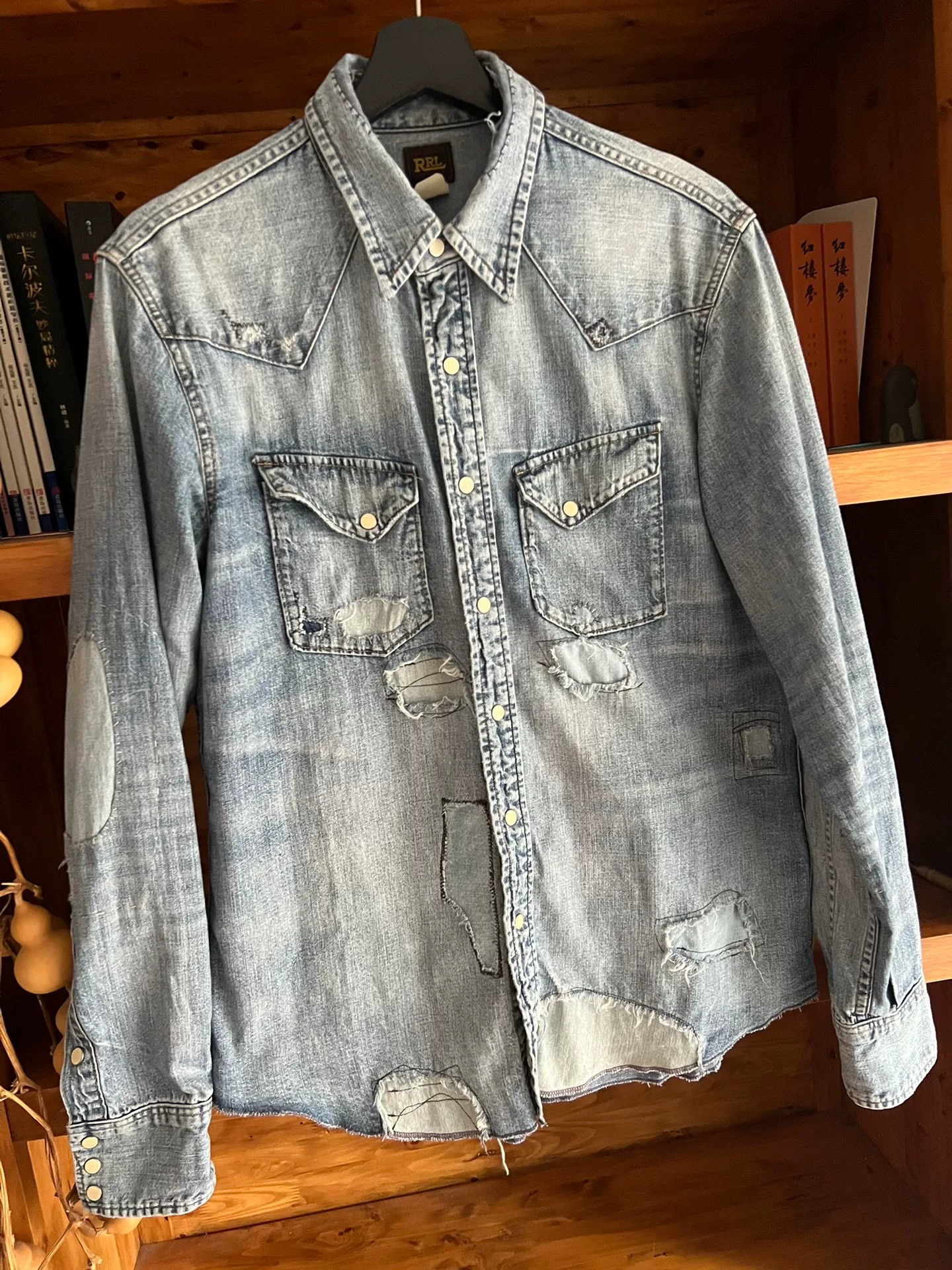 RRL Double RL Distressed Denim Long-Sleeve Shirt — front