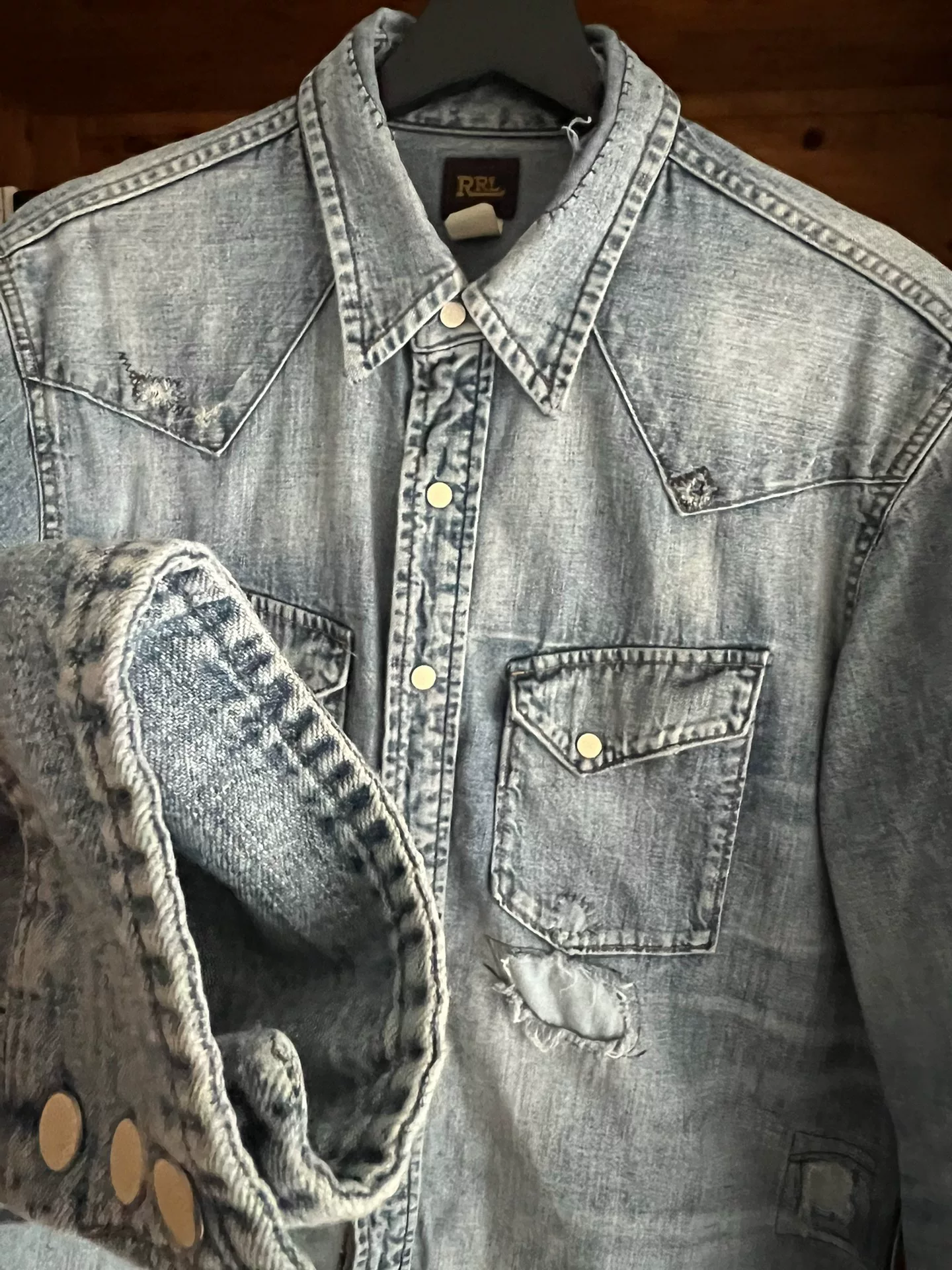 RRL Double RL Distressed Denim Long-Sleeve Shirt — back