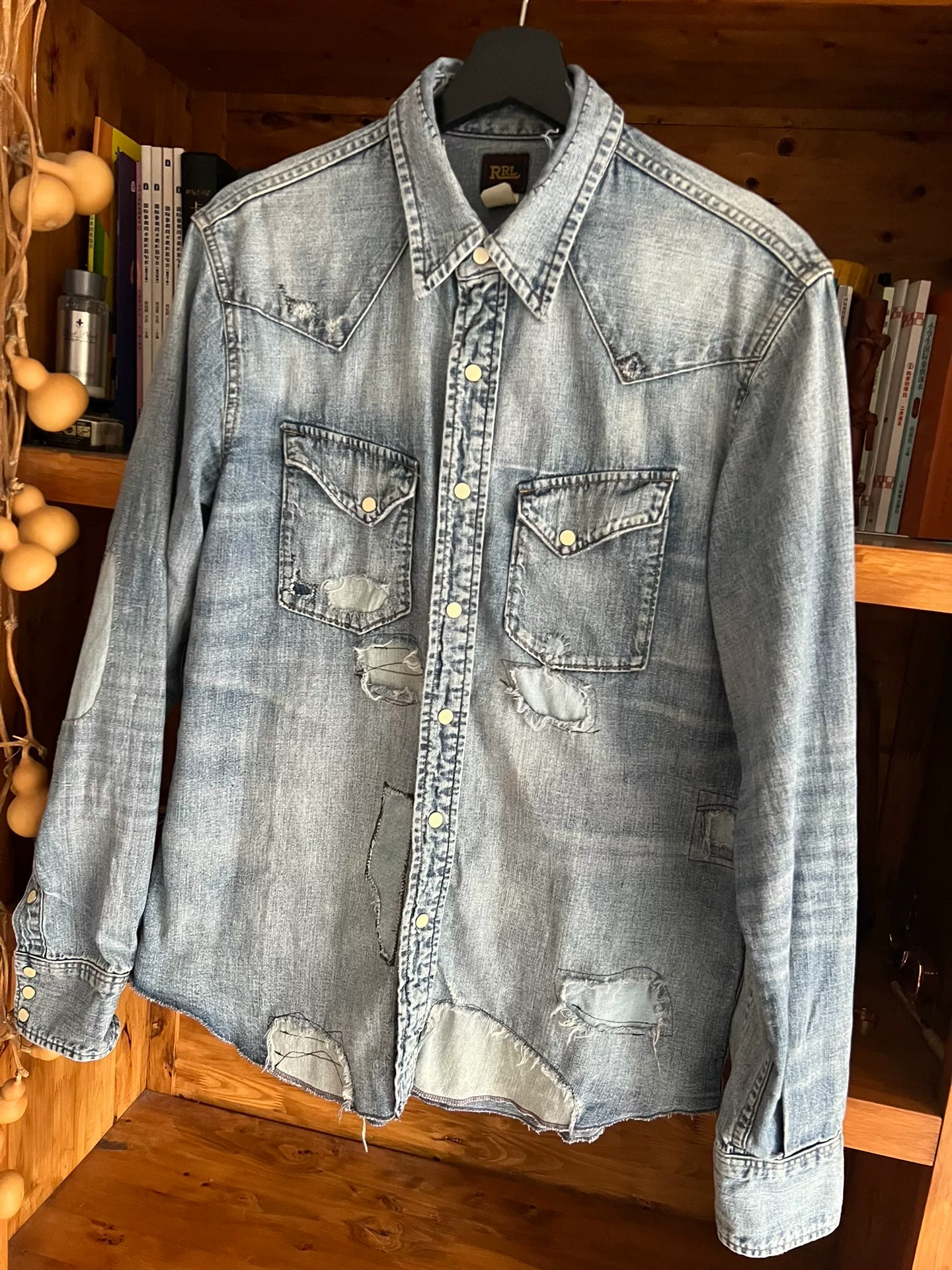 RRL Double RL Distressed Denim Long-Sleeve Shirt — detail