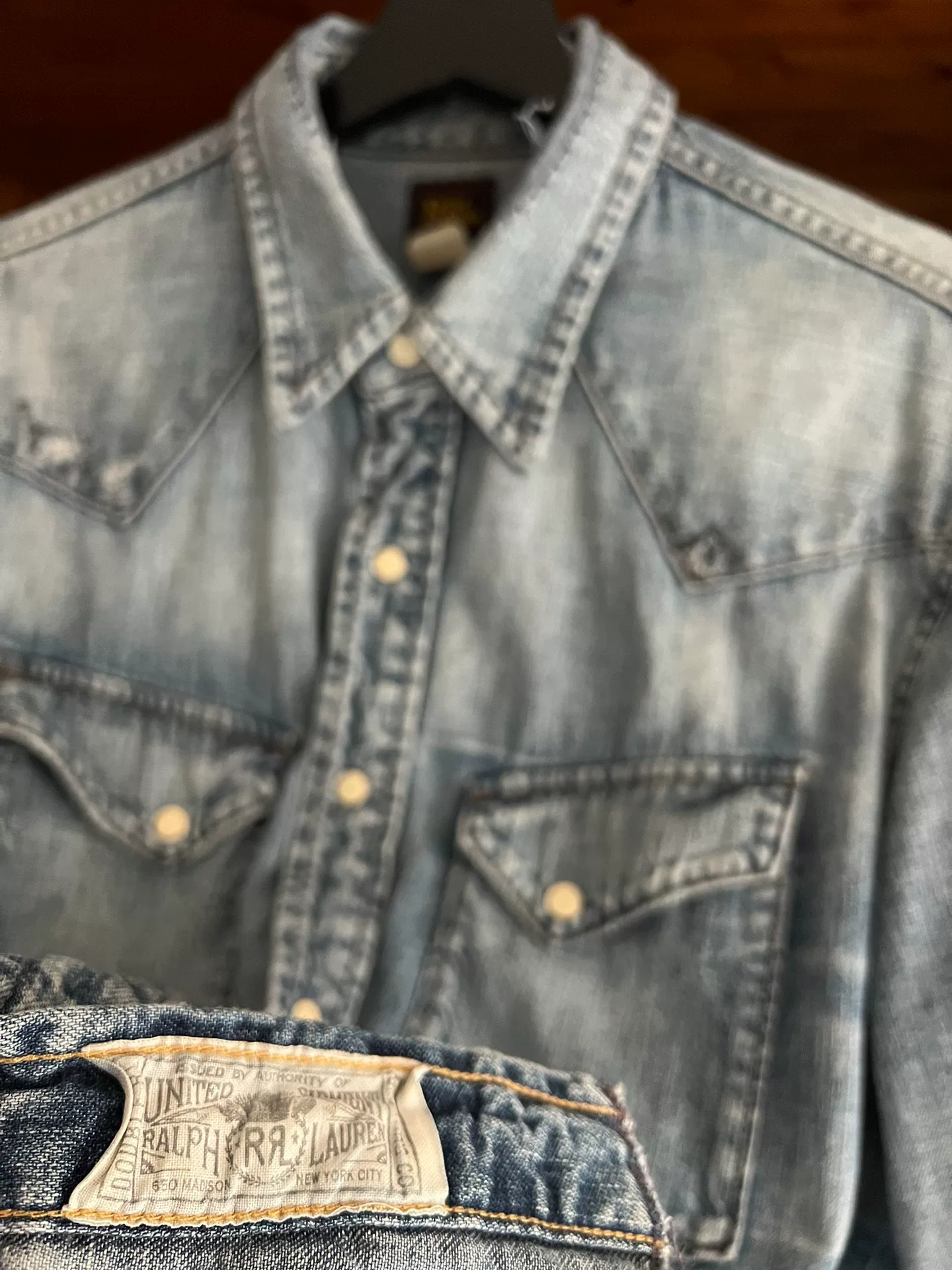 RRL Double RL Distressed Denim Long-Sleeve Shirt — label