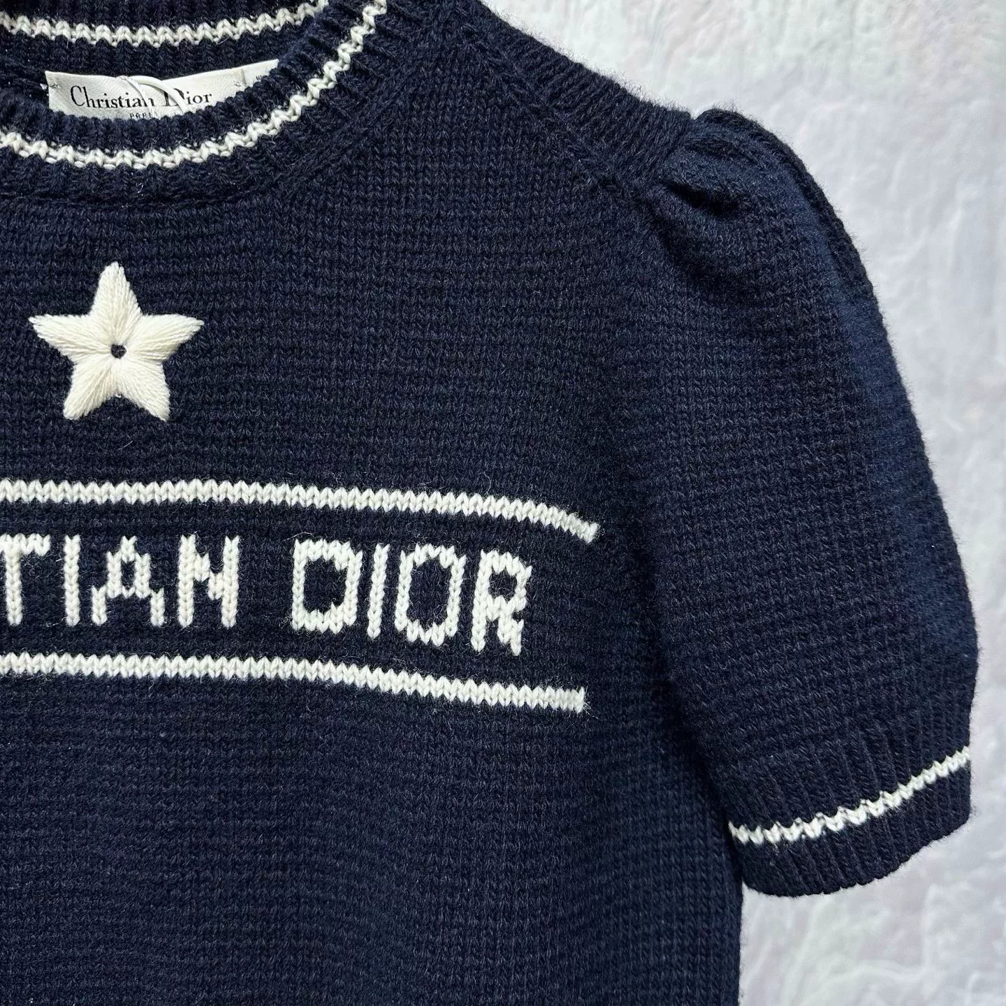 Dior Star Lettering Knit Short-Sleeve Top — label
