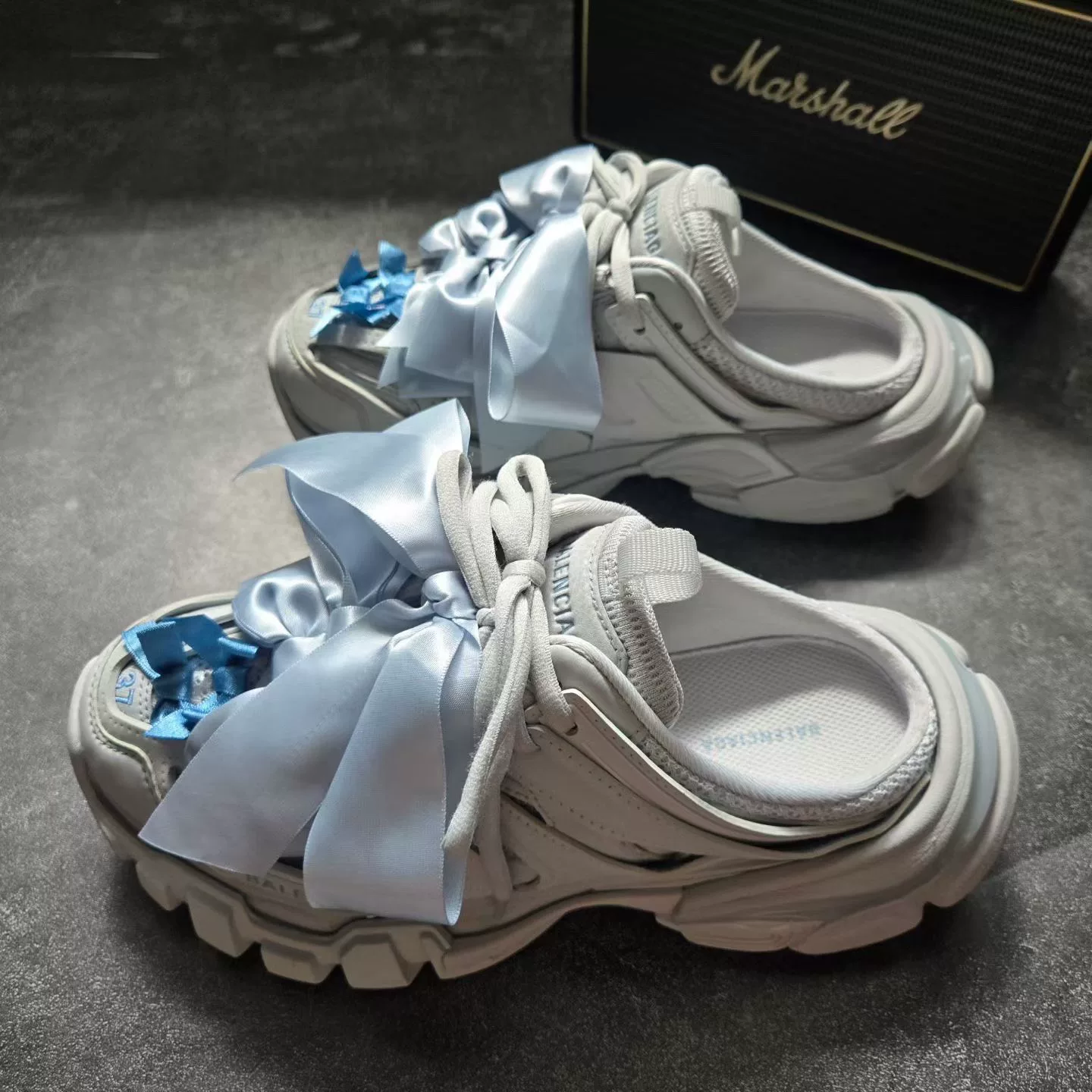 Balenciaga Track Slides with Blue Bows