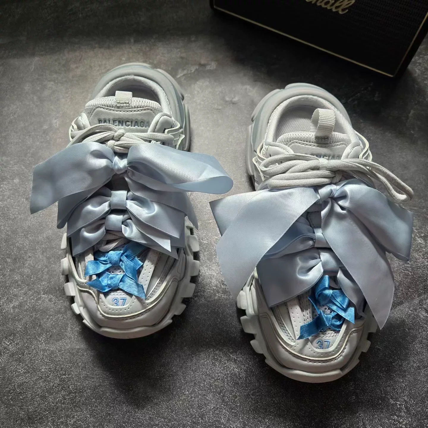 Balenciaga Track Slides with Blue Bows — front