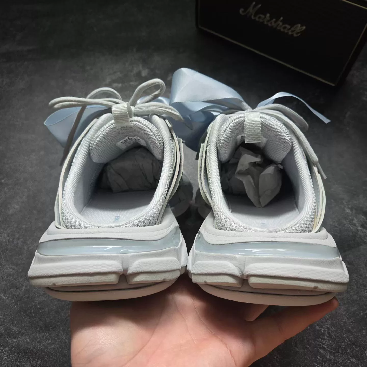 Balenciaga Track Slides with Blue Bows — detail