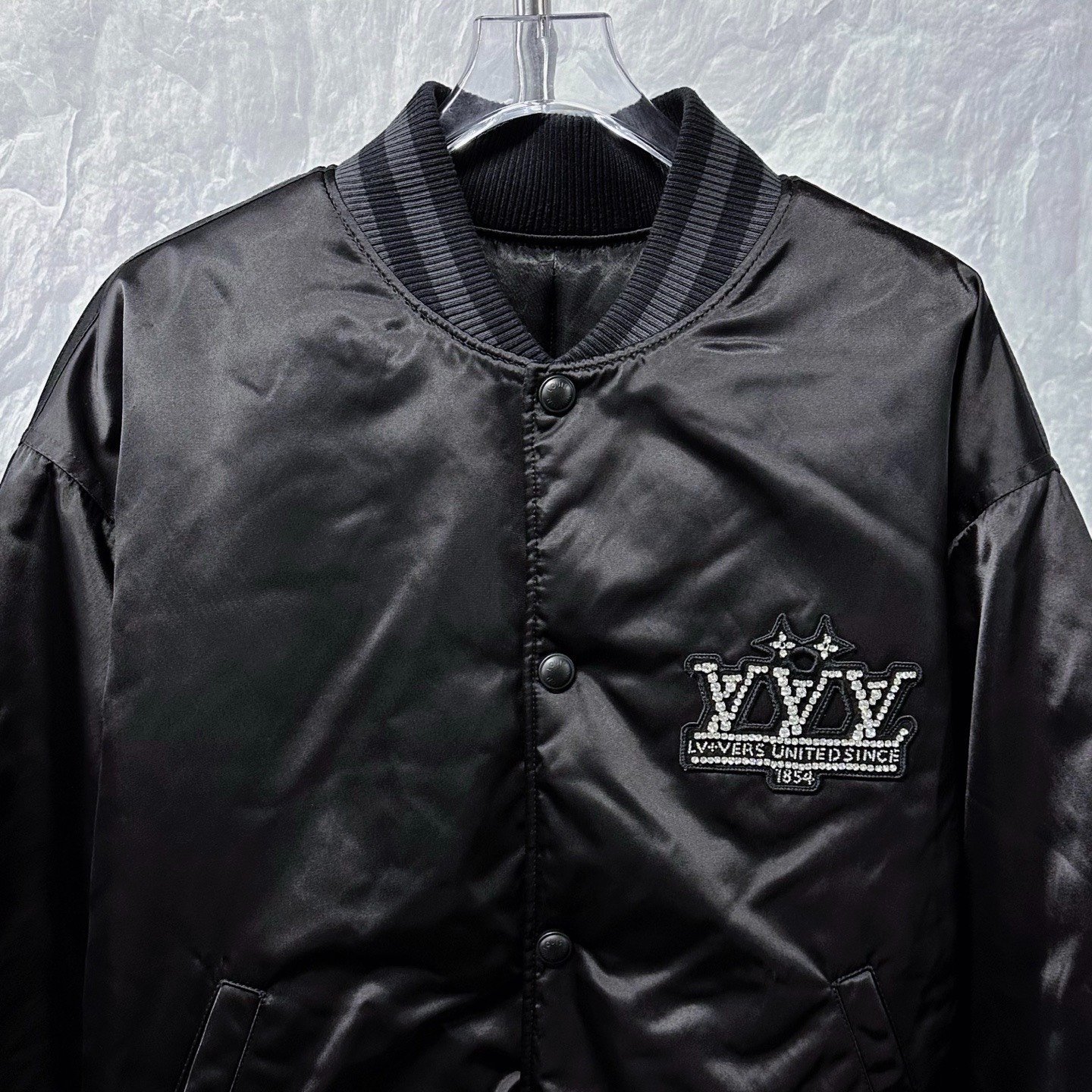 Louis Vuitton SS25 Rhinestone Logo Baseball Jacket — front