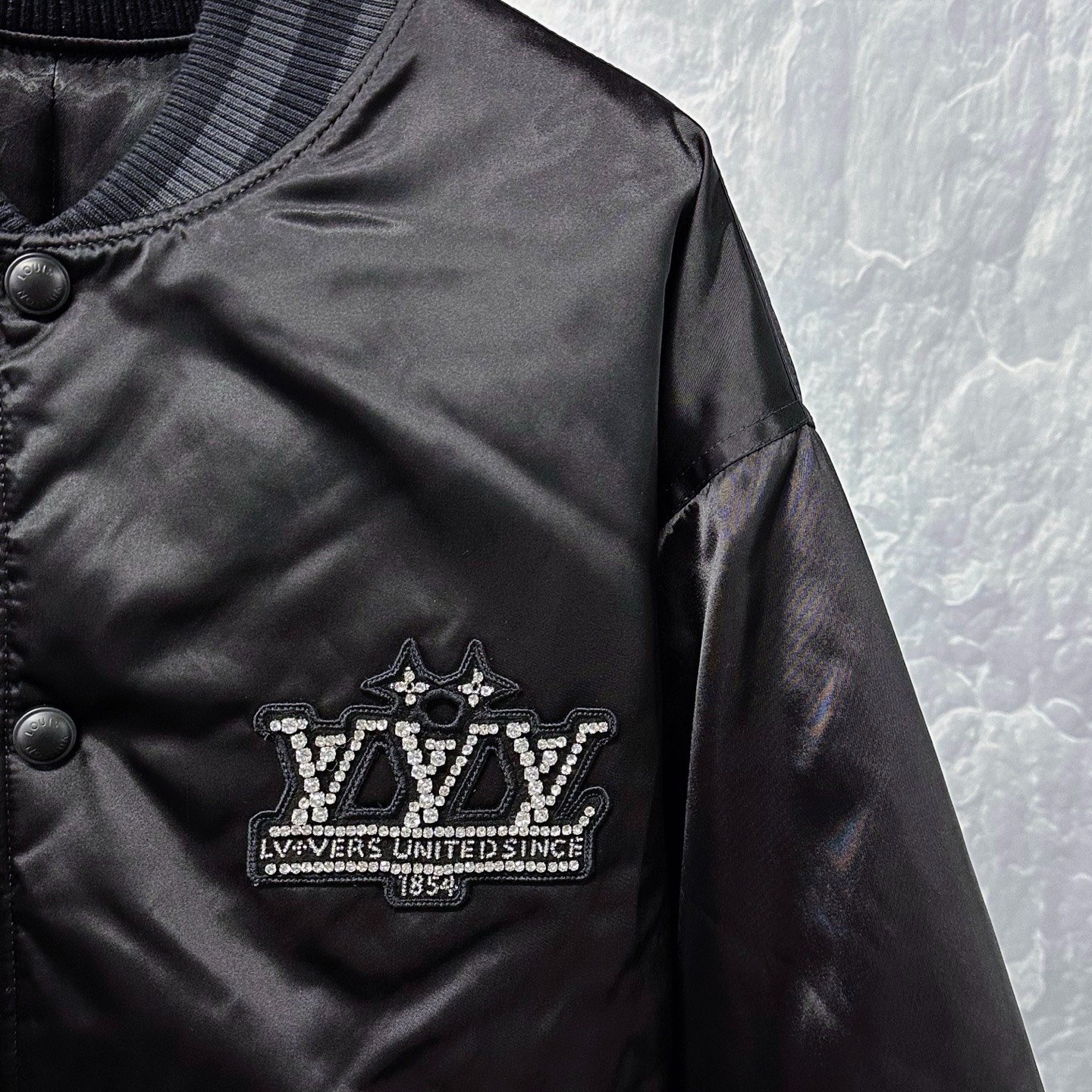 Louis Vuitton SS25 Rhinestone Logo Baseball Jacket — detail
