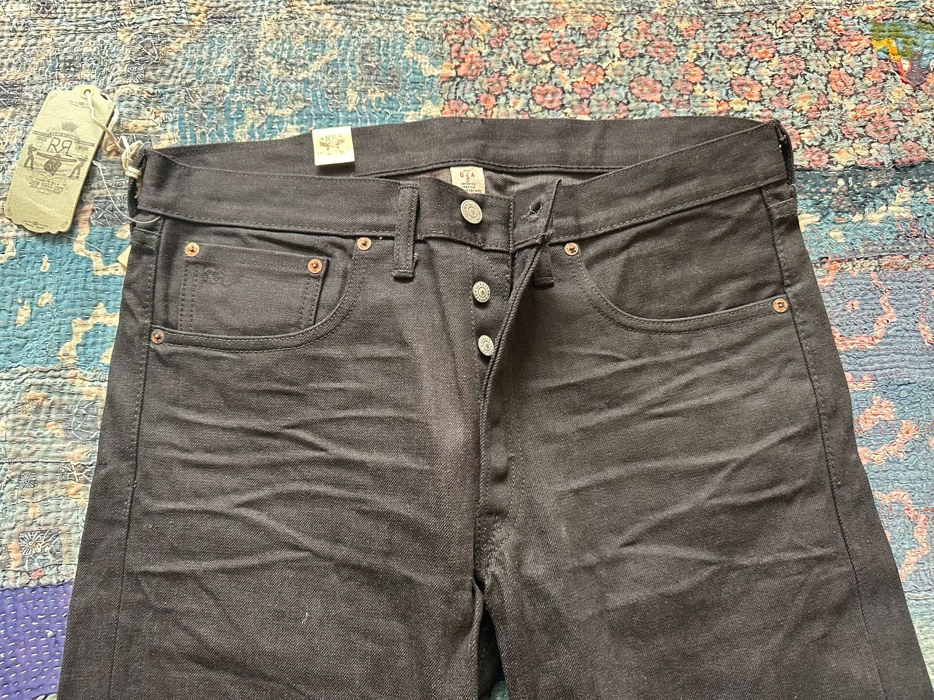 RRL Distressed Black Slim Fit Jeans — detail