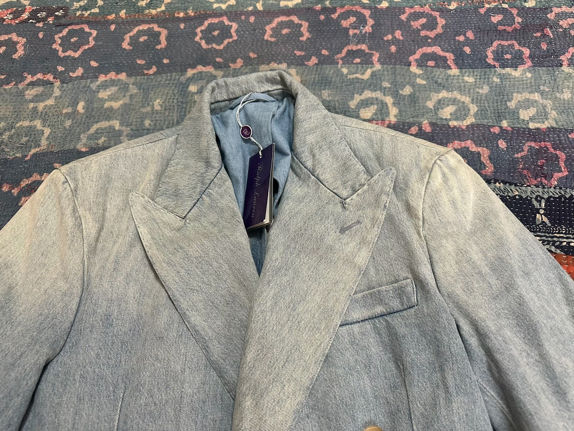 Ralph Lauren Purple Label Denim Double-Breasted Blazer — detail