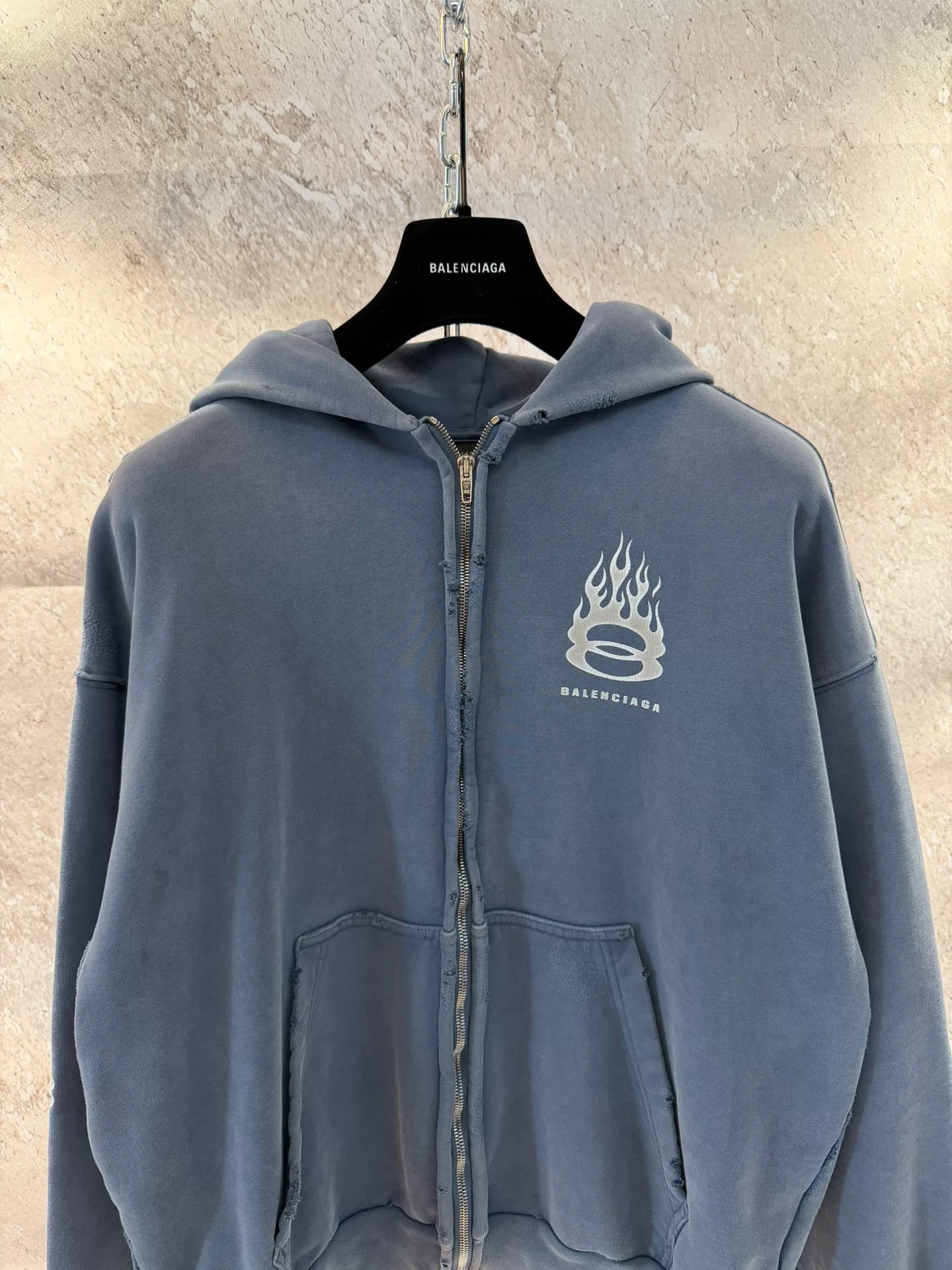 Balenciaga Haze Blue Flame Zip Hoodie — front