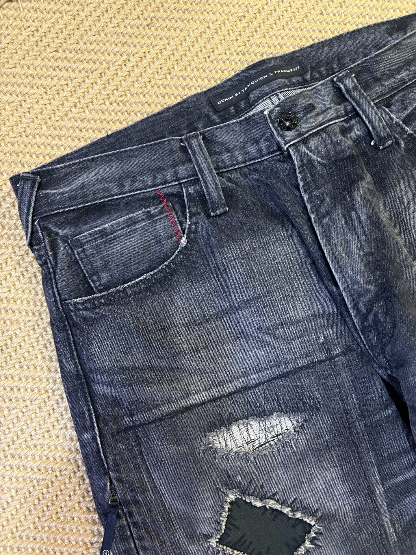 Vanquish & Fragment Distressed Washed Denim — label