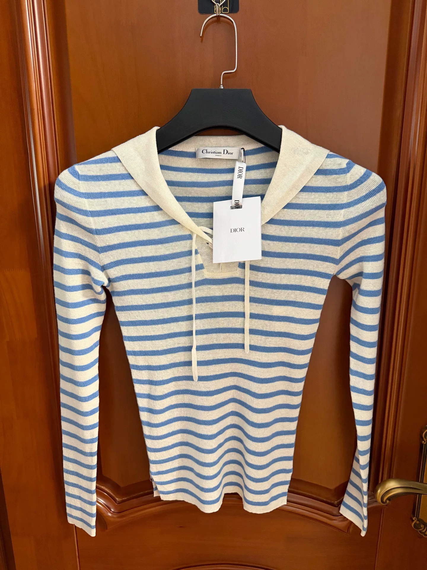 Dior Blue White Striped Hooded Knit Top