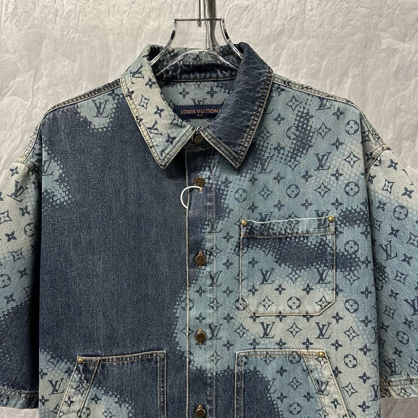 Louis Vuitton SS24 Printed Denim Short Sleeve Shirt — front