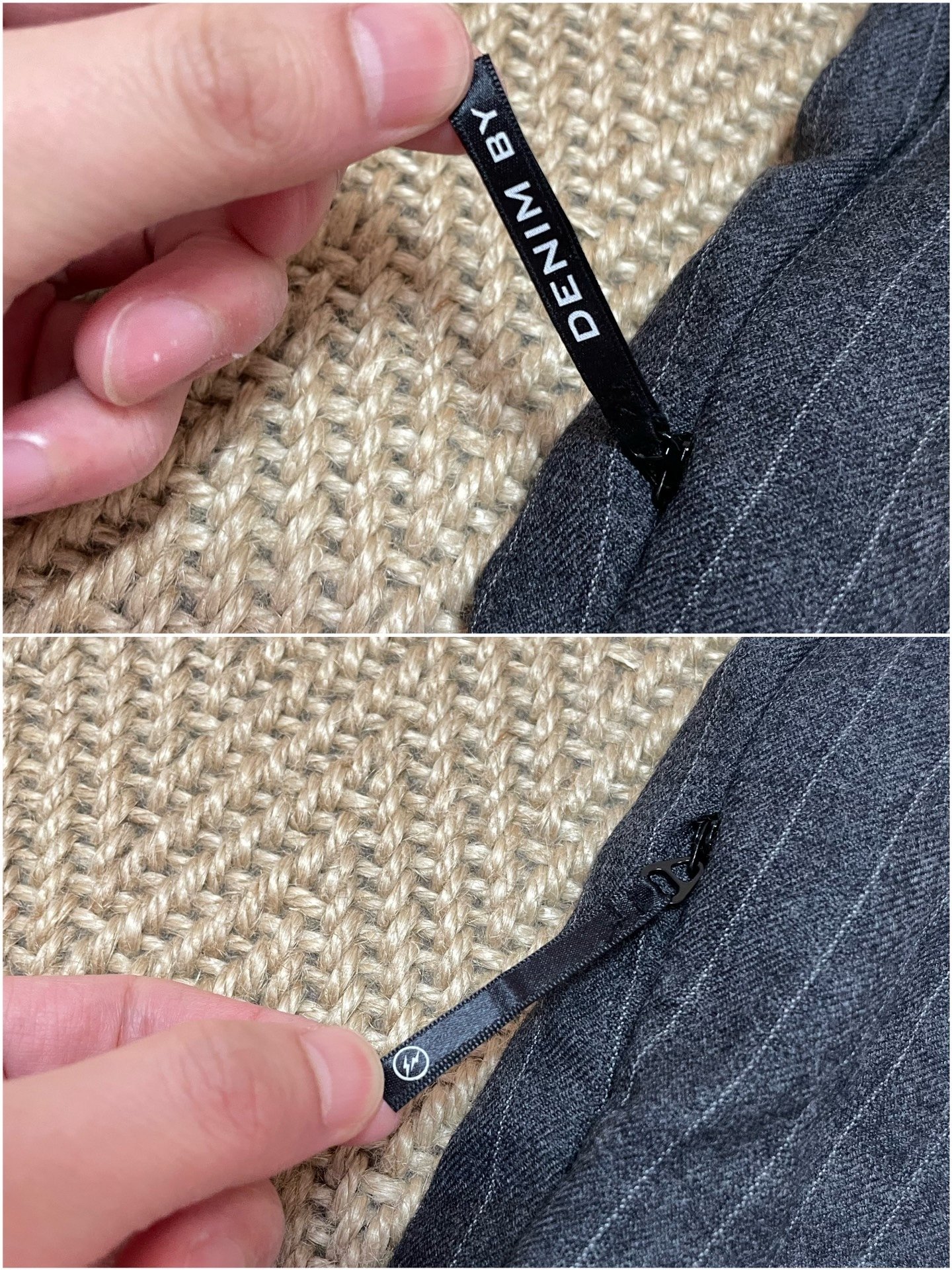 DENIM BY VANQUISH & FRAGMENT Wool Striped Pants — label