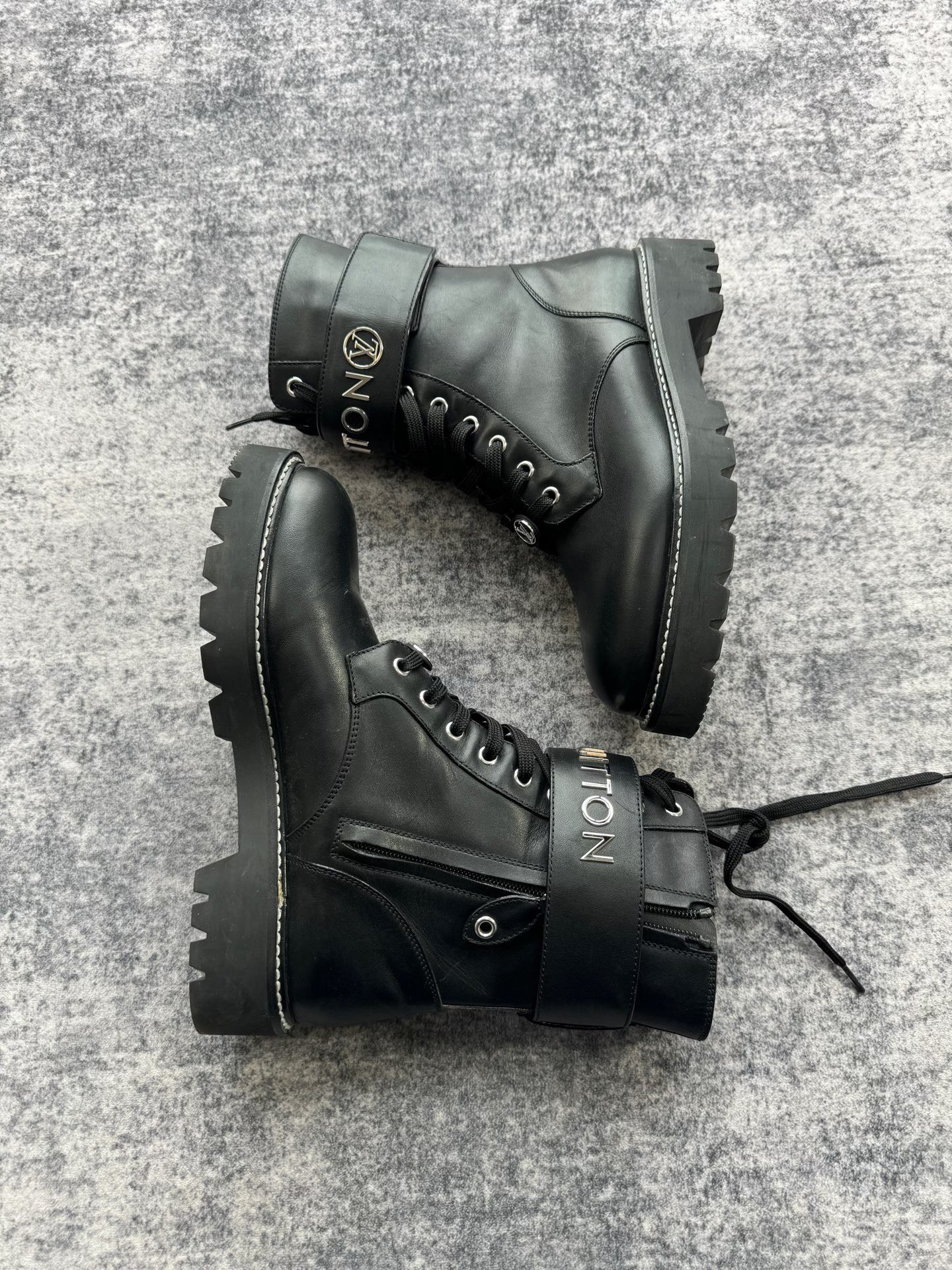 Louis Vuitton Black Silver Logo Martin Boots — label