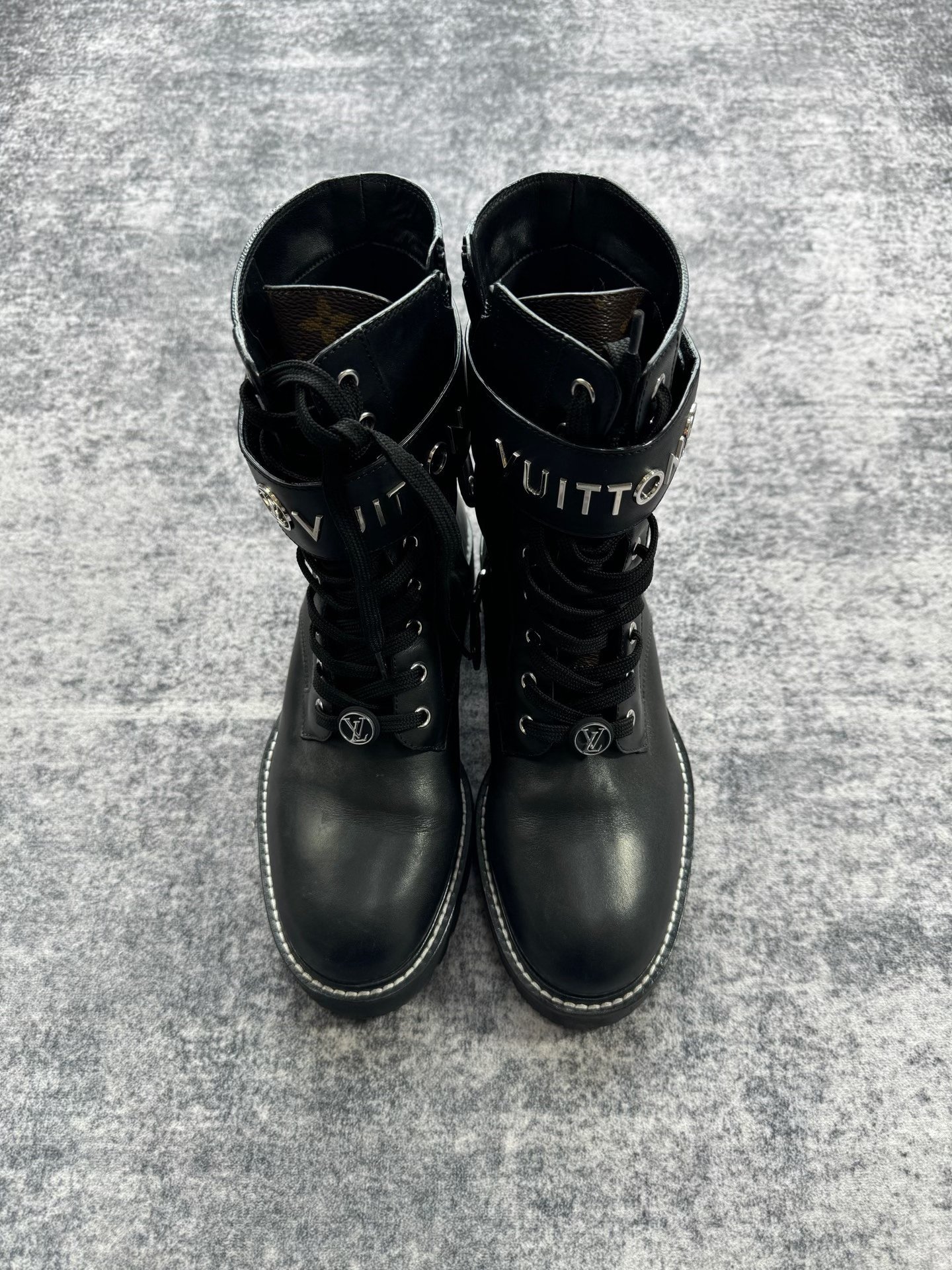 Louis Vuitton Black Silver Logo Martin Boots