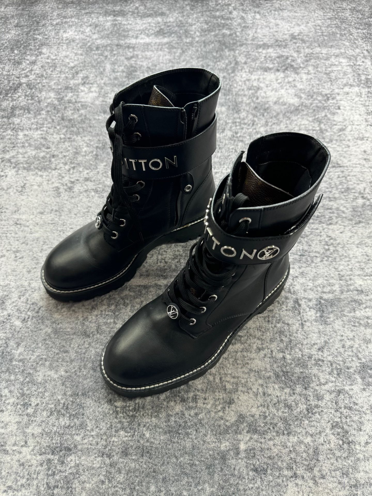 Louis Vuitton Black Silver Logo Martin Boots — front