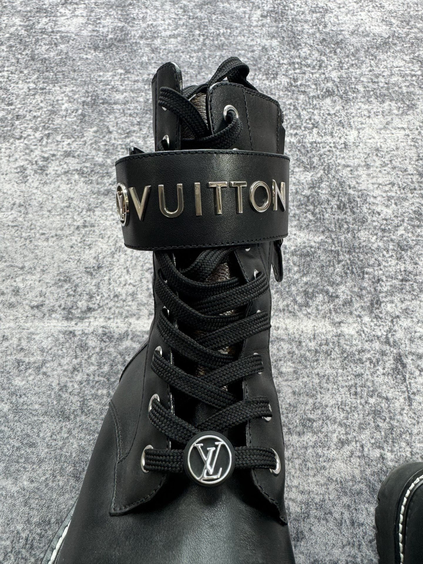 Louis Vuitton Black Silver Logo Martin Boots — detail