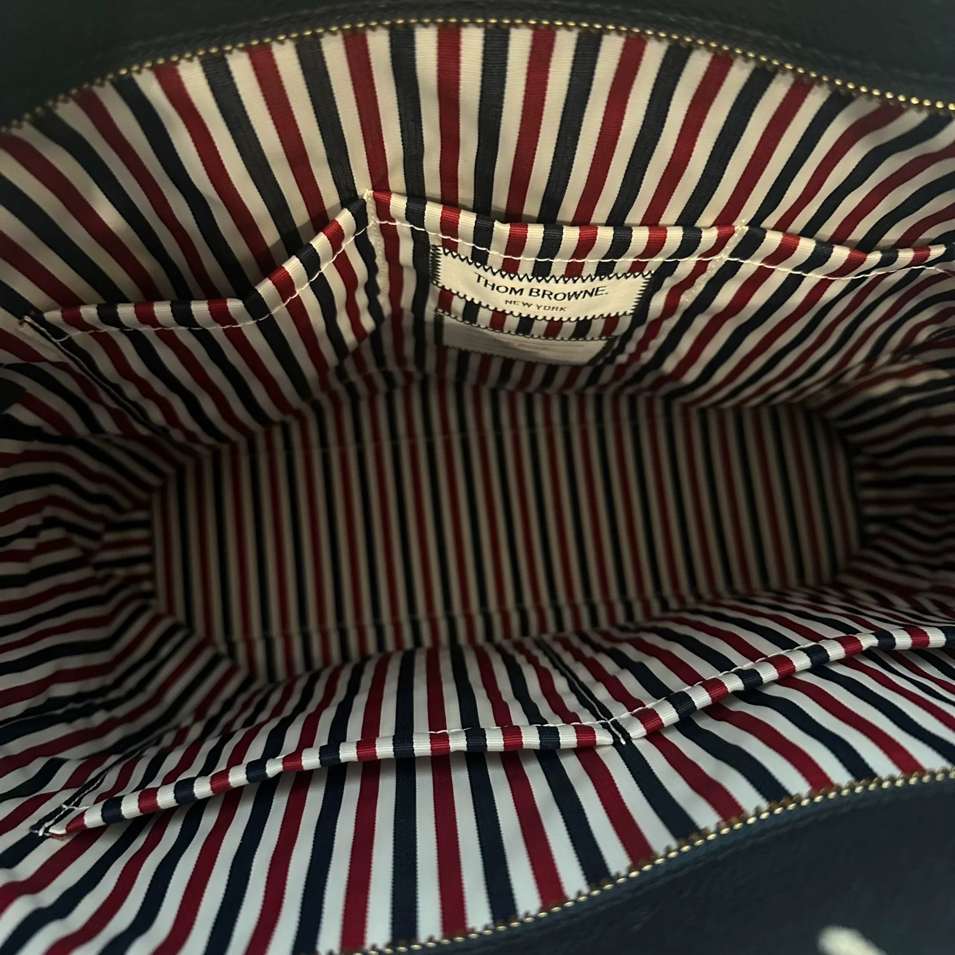 Thom Browne 4-Stripe Leather Briefcase — label