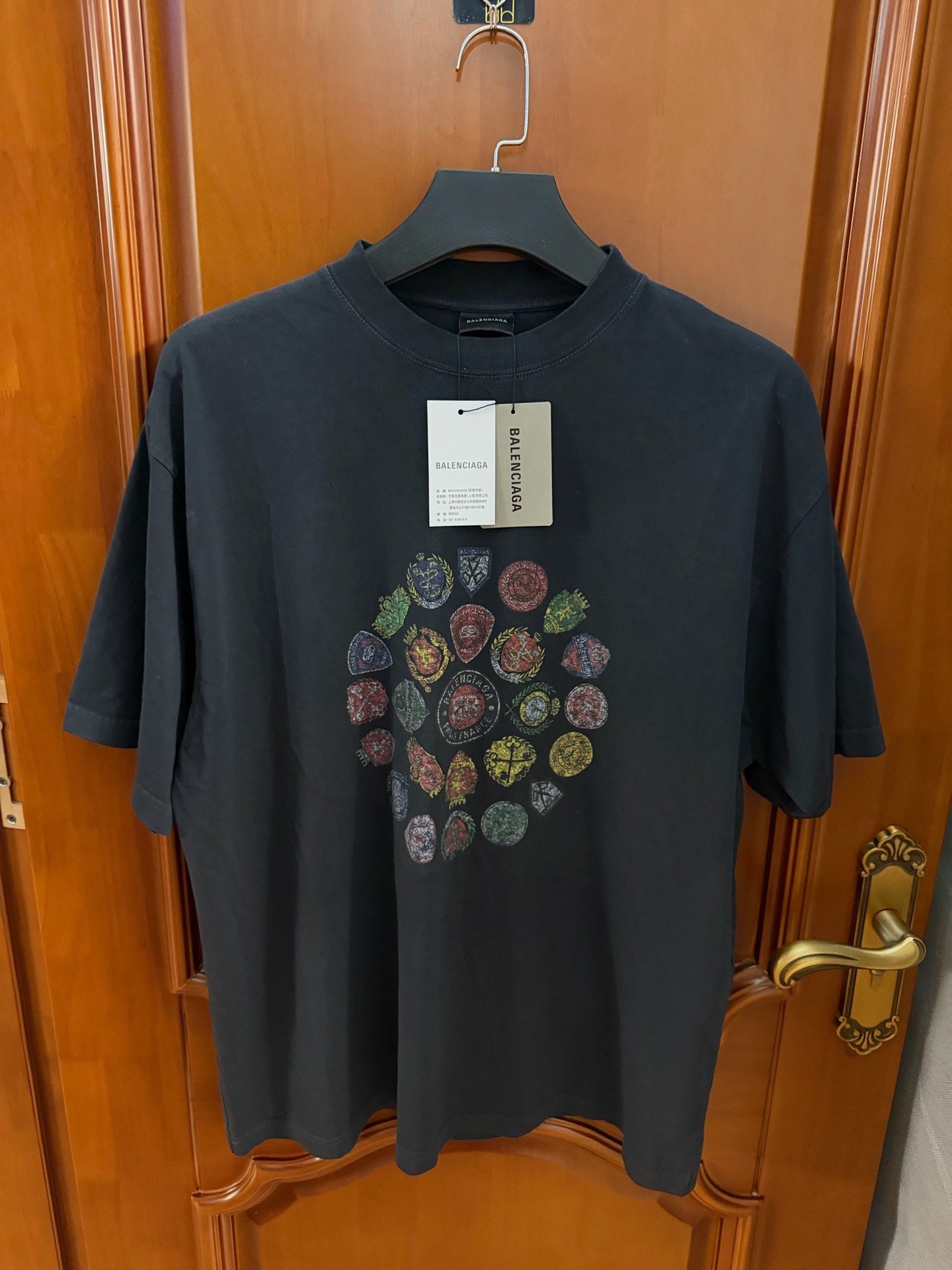 Balenciaga Washed Black Spiral Crest Print T-shirt
