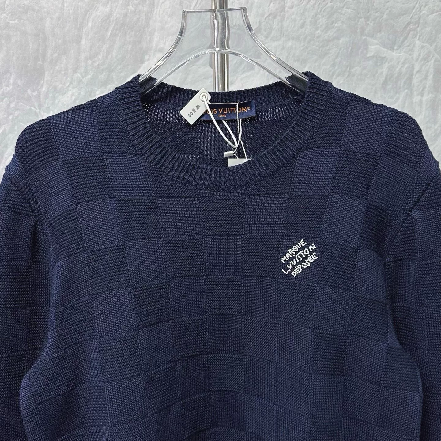 Louis Vuitton SS24 Checkerboard Beaded Logo Knit Sweater — front