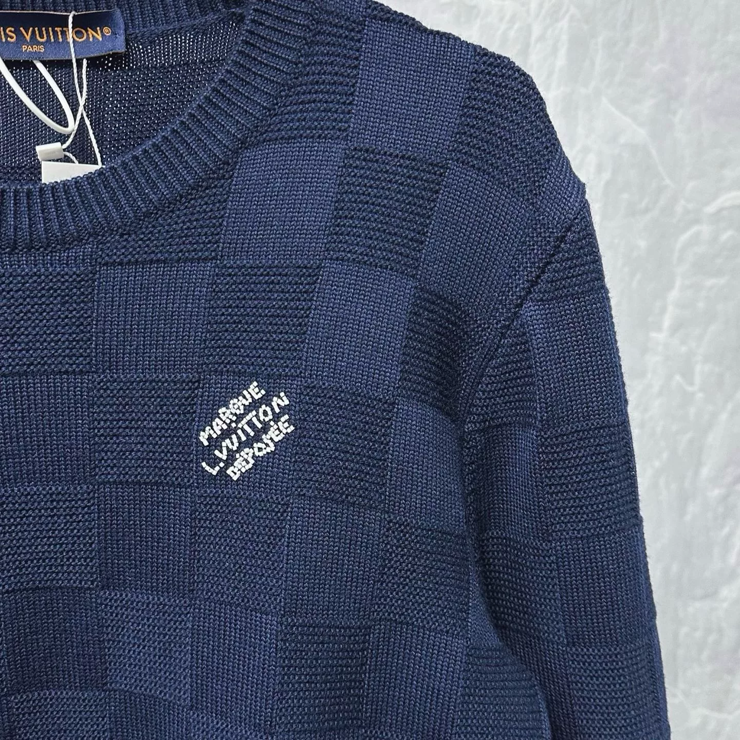 Louis Vuitton SS24 Checkerboard Beaded Logo Knit Sweater — detail