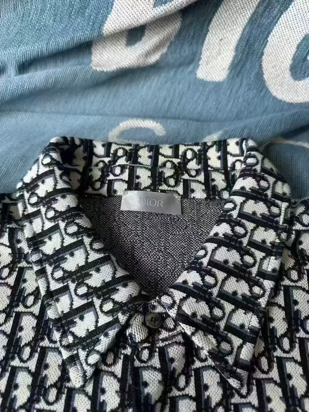 Dior Dark Blue All-Over Print Cotton Shirt — detail