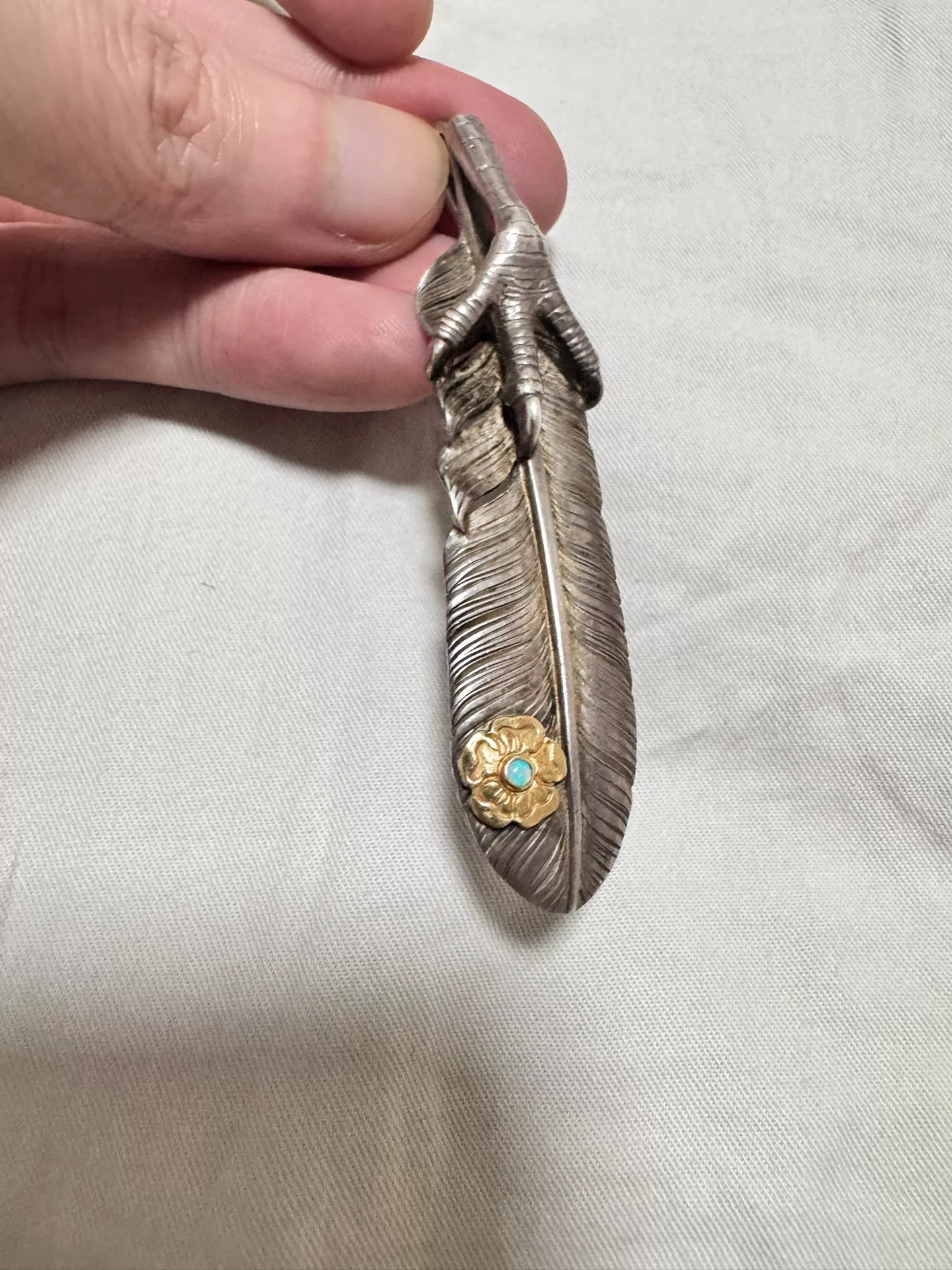 Taro Washimi Silver Eagle Claw Feather Pendant — back